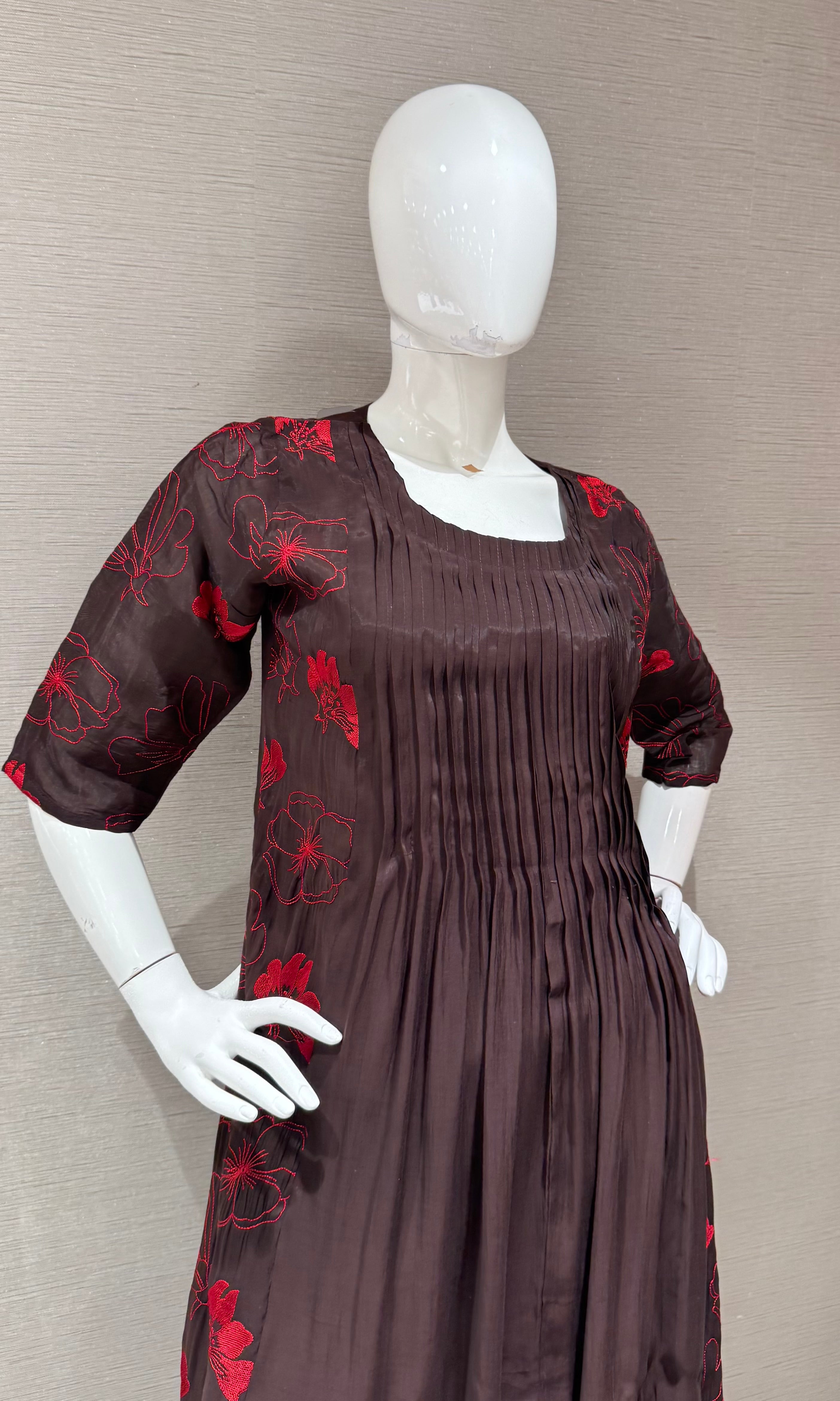Deep Brown Floral Mul chanderi Kurta Set with Dupatta