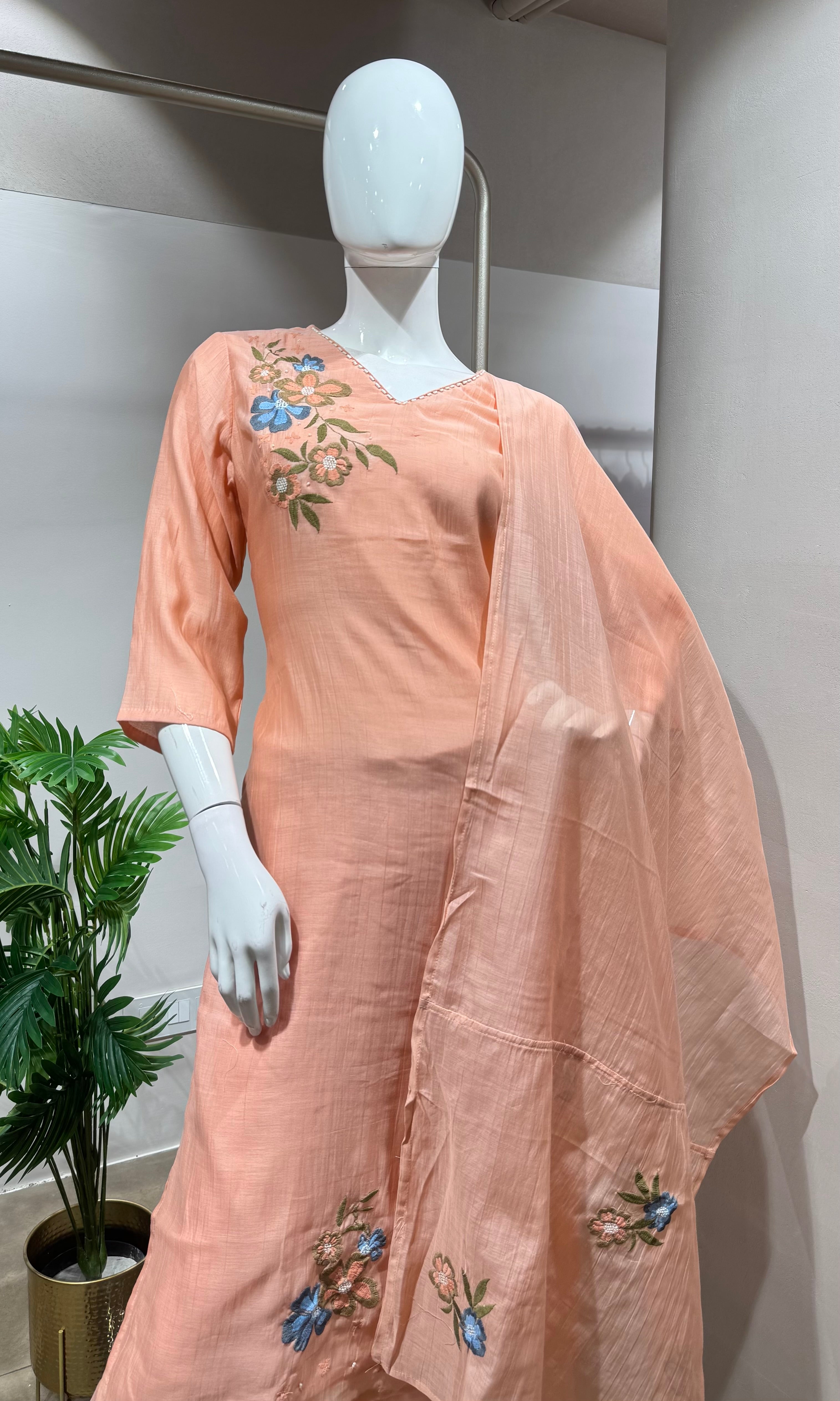Peach Silk Kurti Set with French Knot