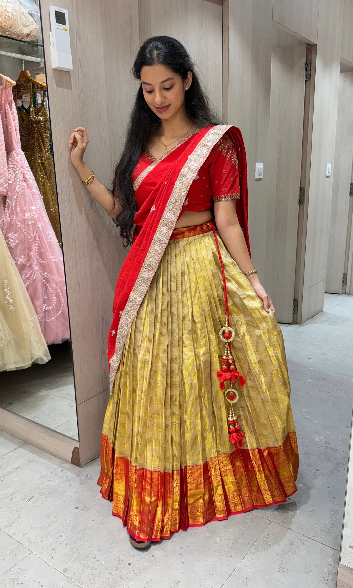 Red and gold banarasi pattu lehenga set
