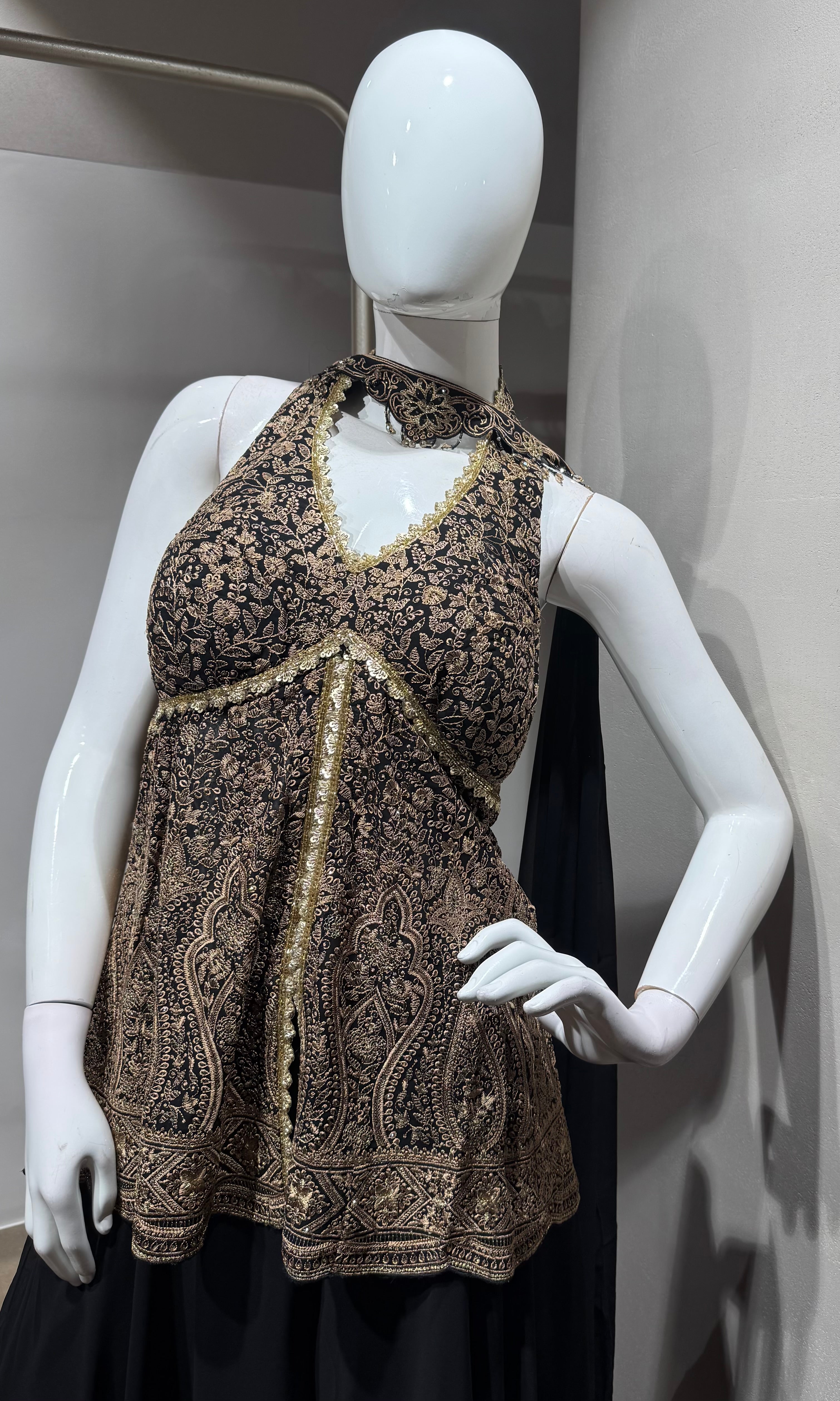 black and gold embroidered halter palazzo set