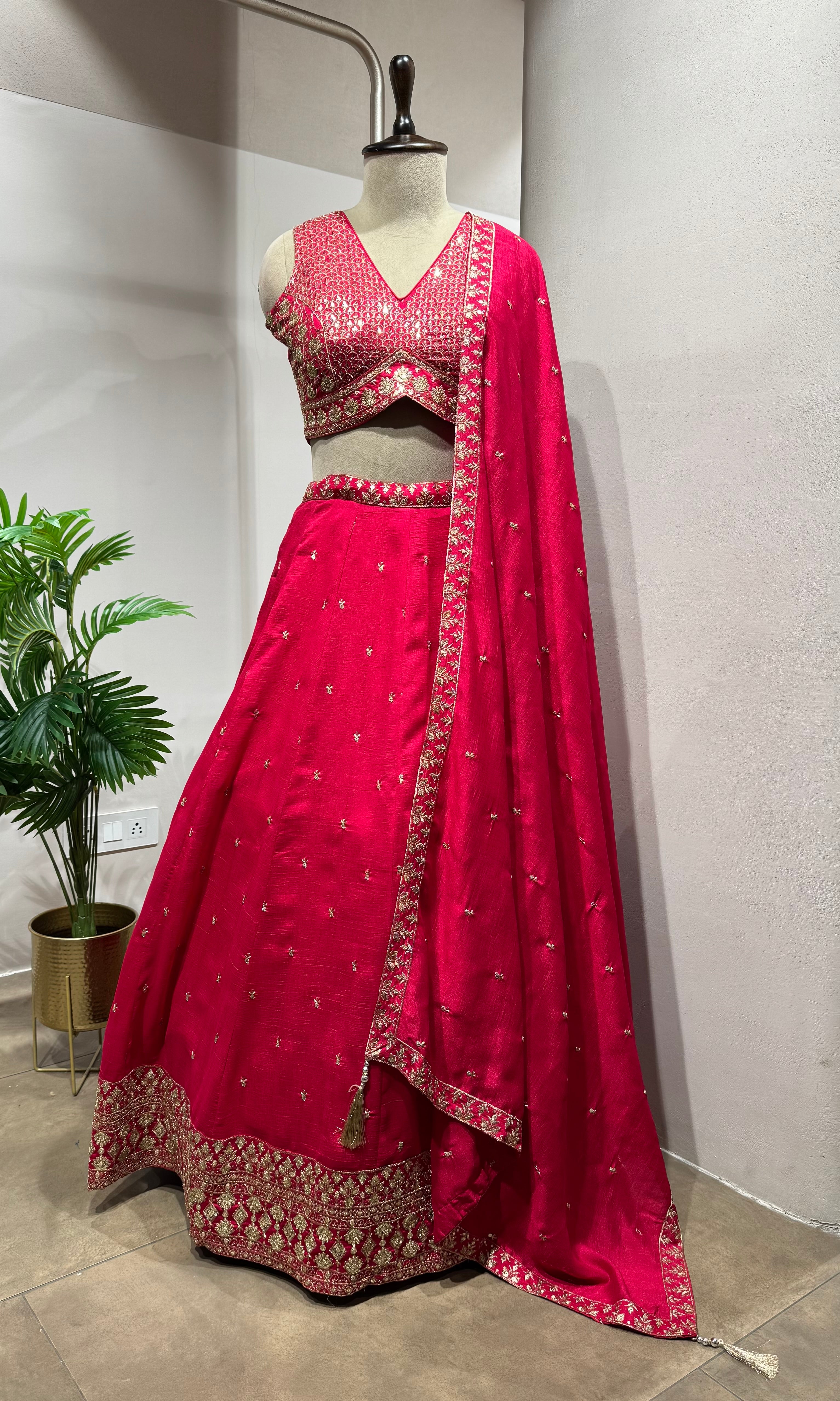 Rani Pink Raw Silk Embroidered Lehenga Set