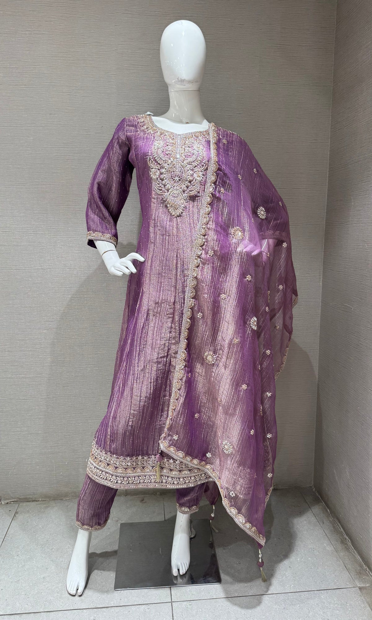 PURPLE TISSUE SILK EMBROIDERED ANARKALI SET WITH DUPATTA