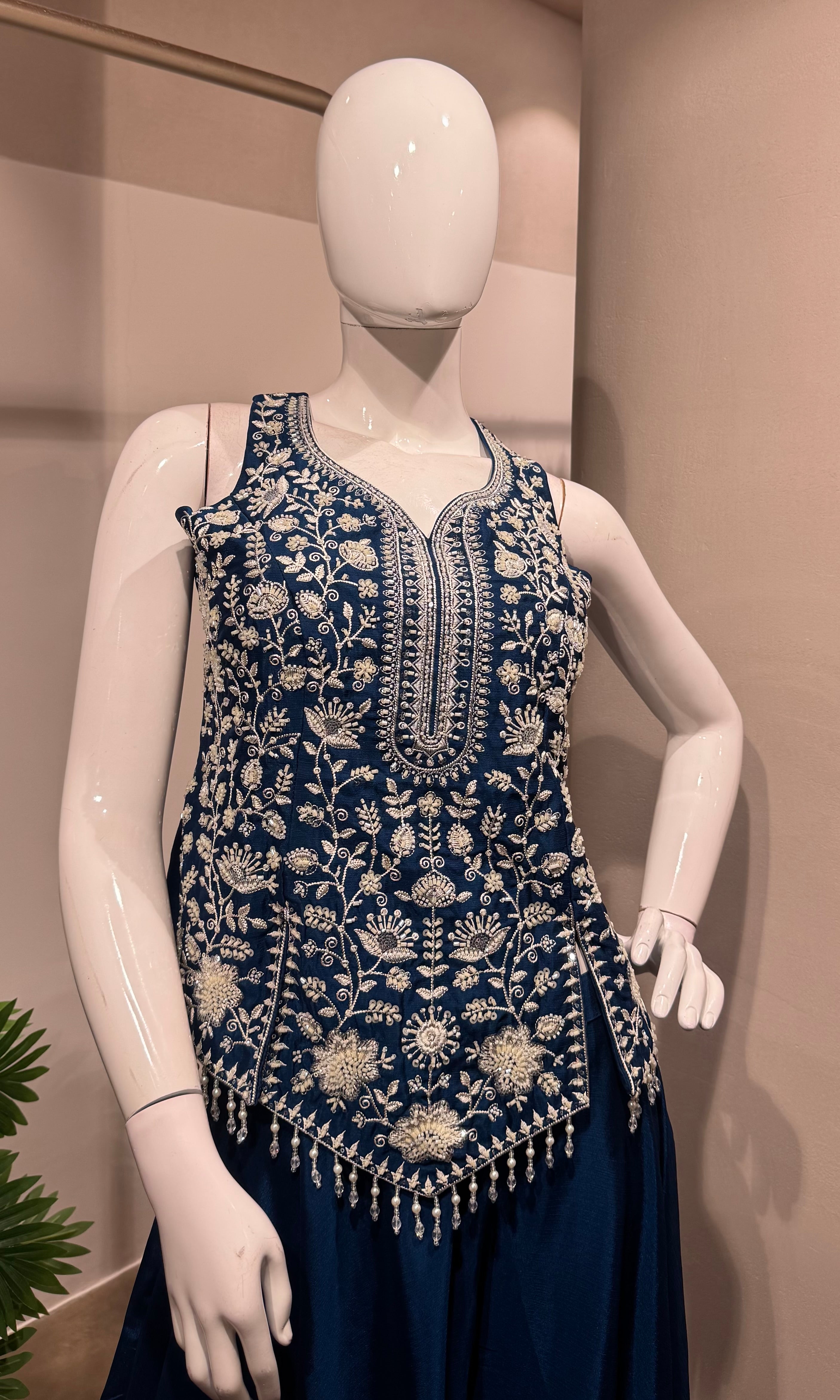 Blue Embroidered Peplum & Palazzo Set