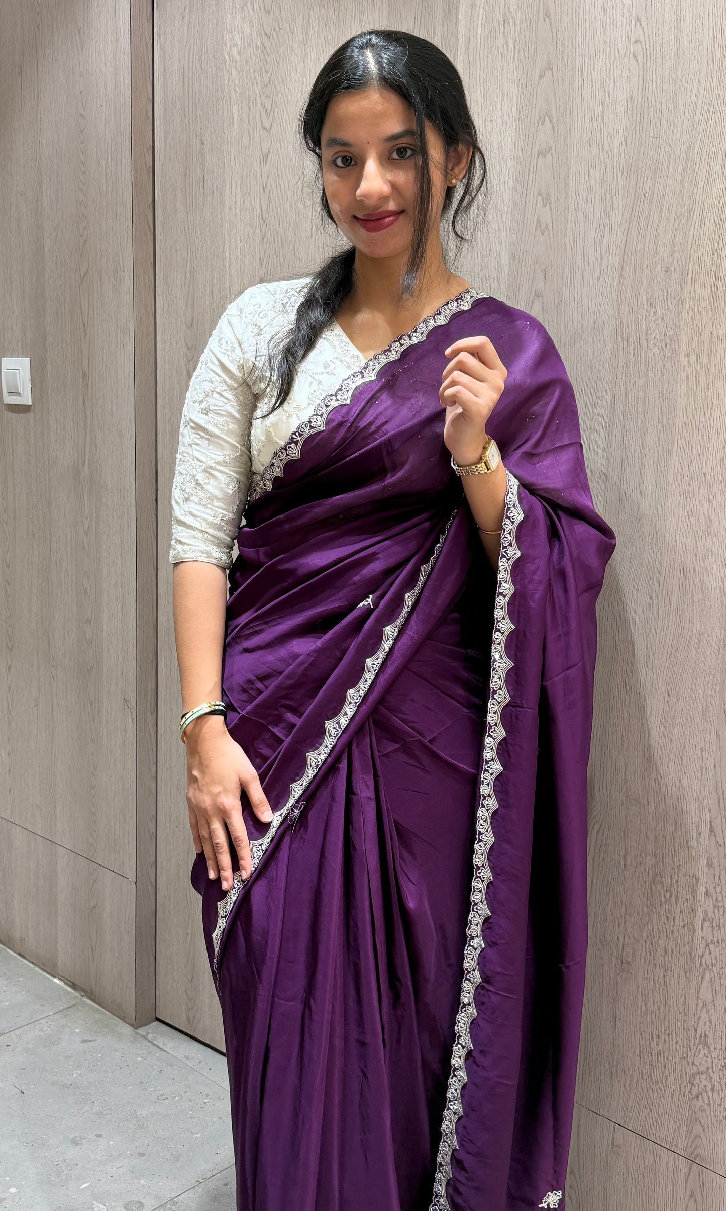 🤍White blouse with purple saree 7777💜