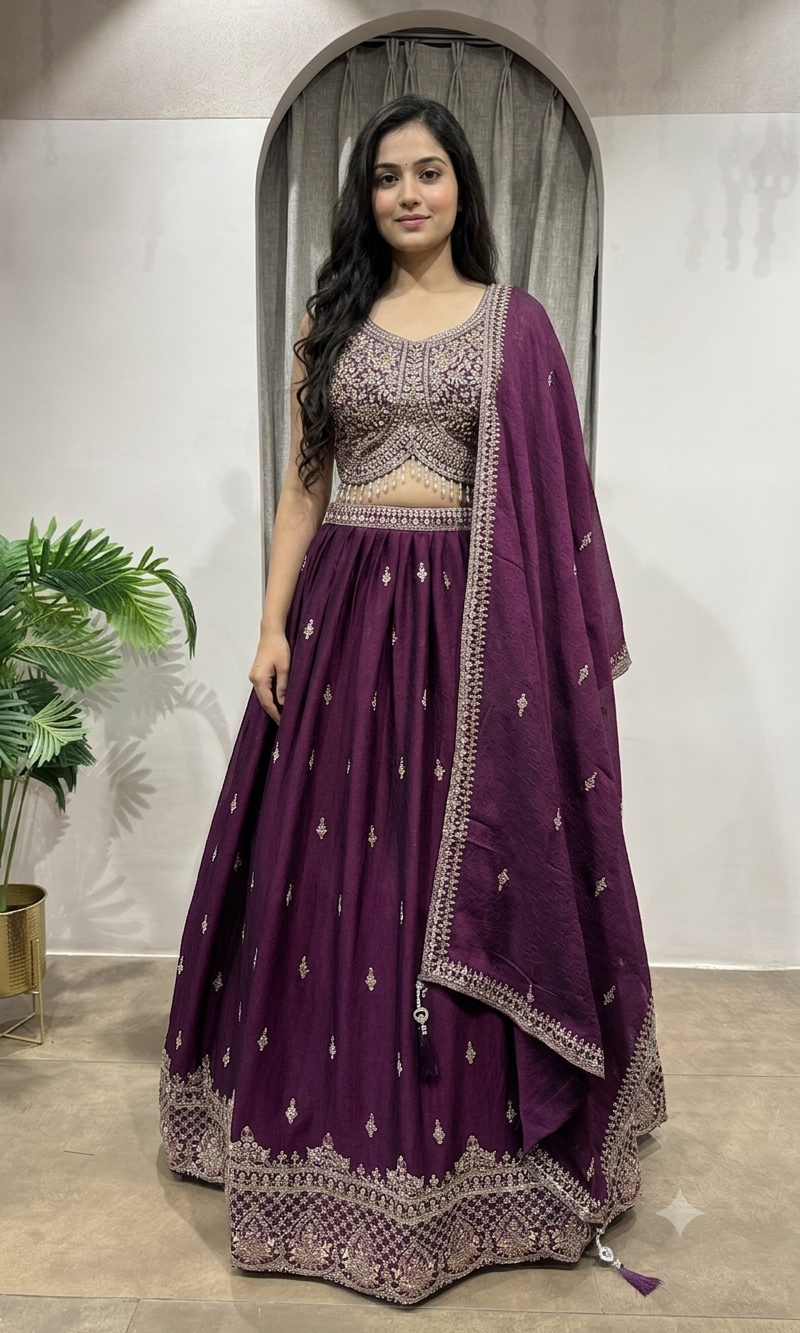 Wine Faux Silk Embroidered Sequins Lehenga Choli