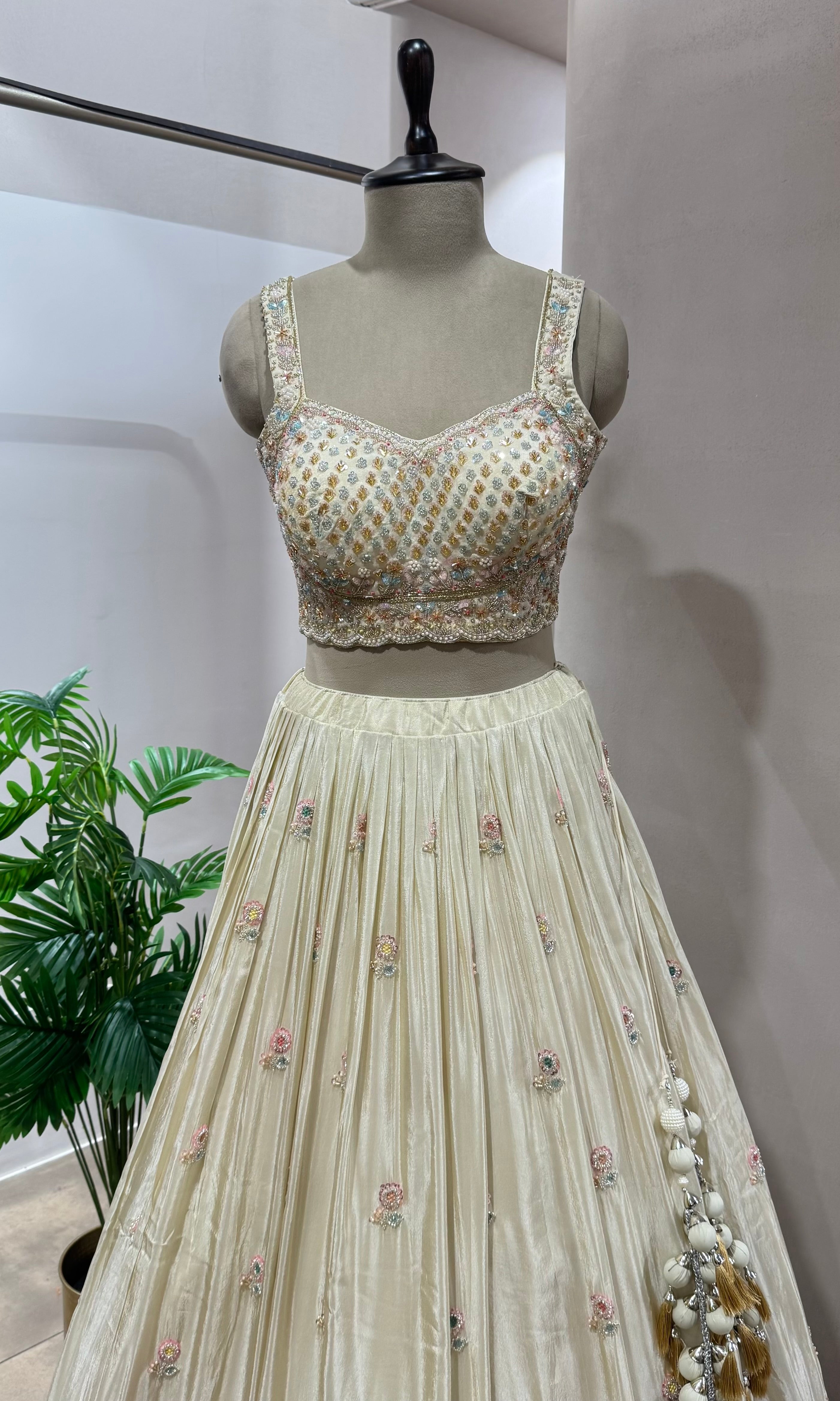 Cream FLORAL INTRICATE EMBROIDERY LEHENGA