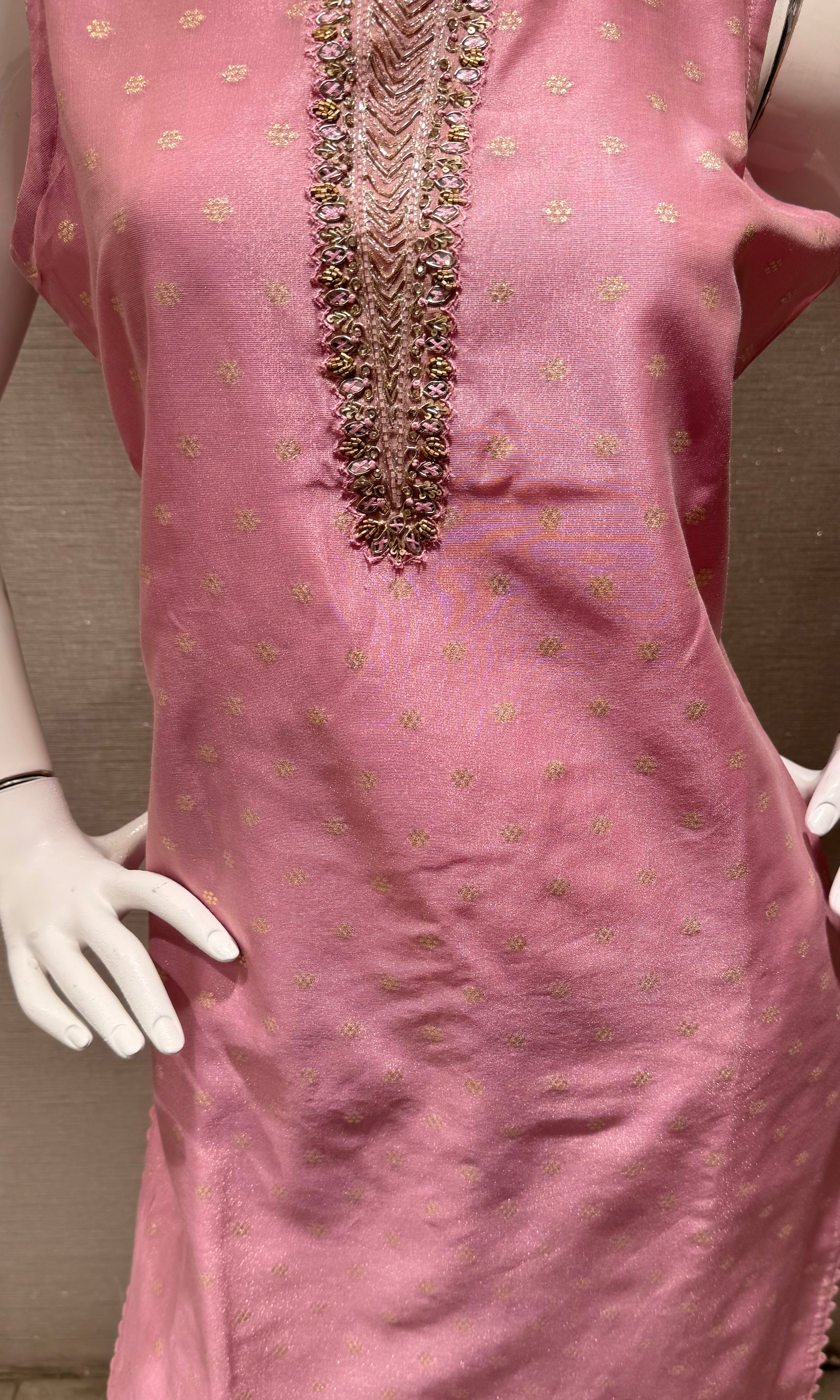 pink kurta set with gold embroidery with sheer dupatta