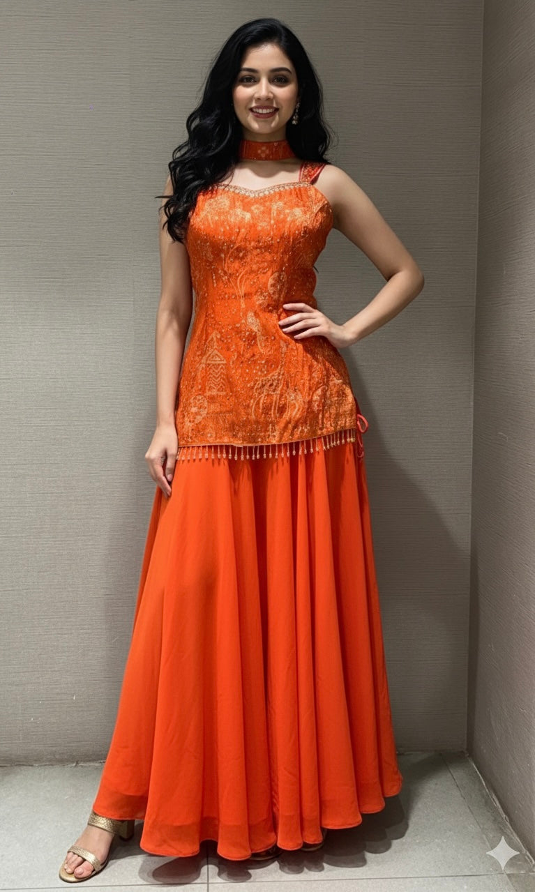 RADIENCE Orange PEPLUM SHARARA SET