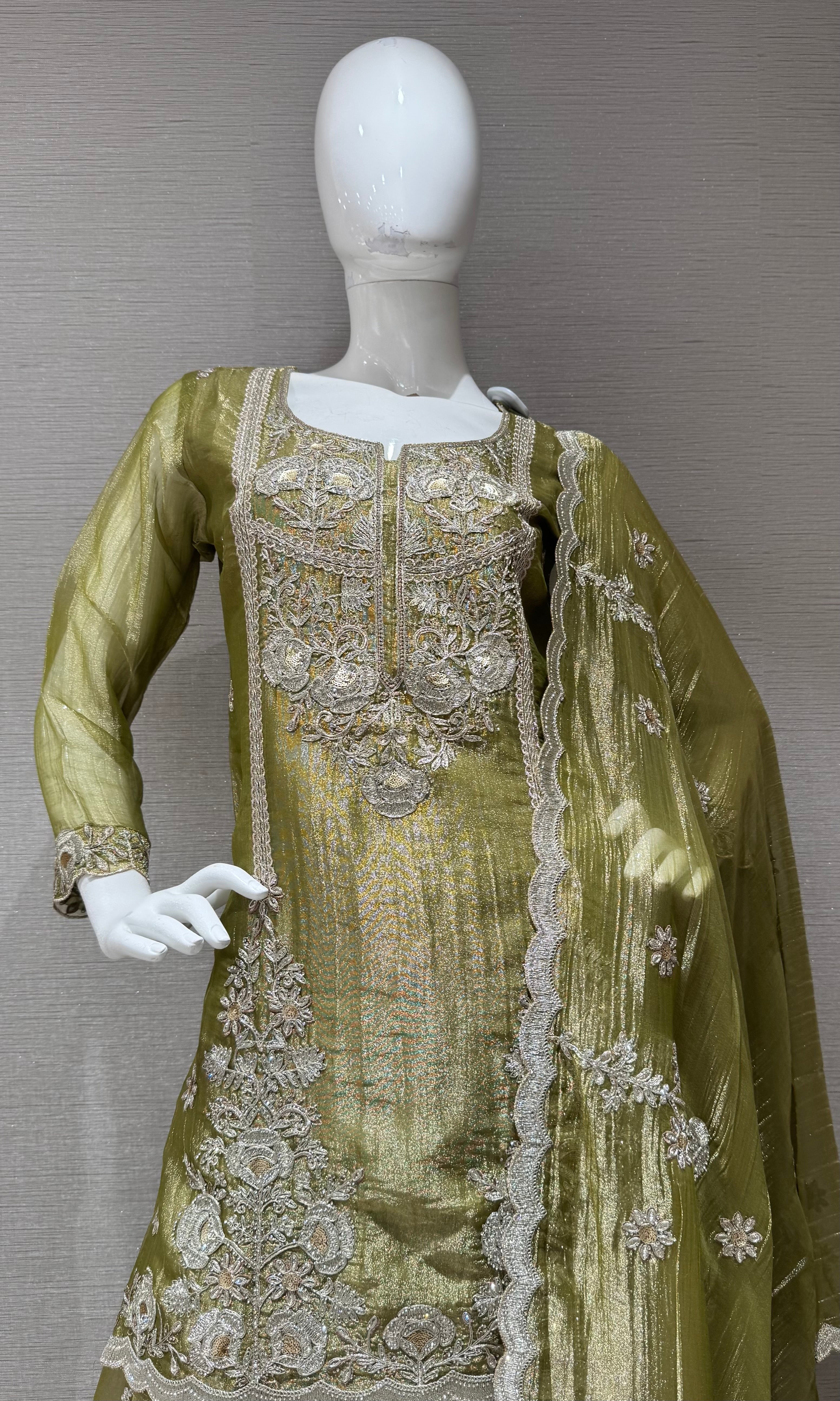 Olive Green Embroidered Sharara Set with Sheer Dupatta