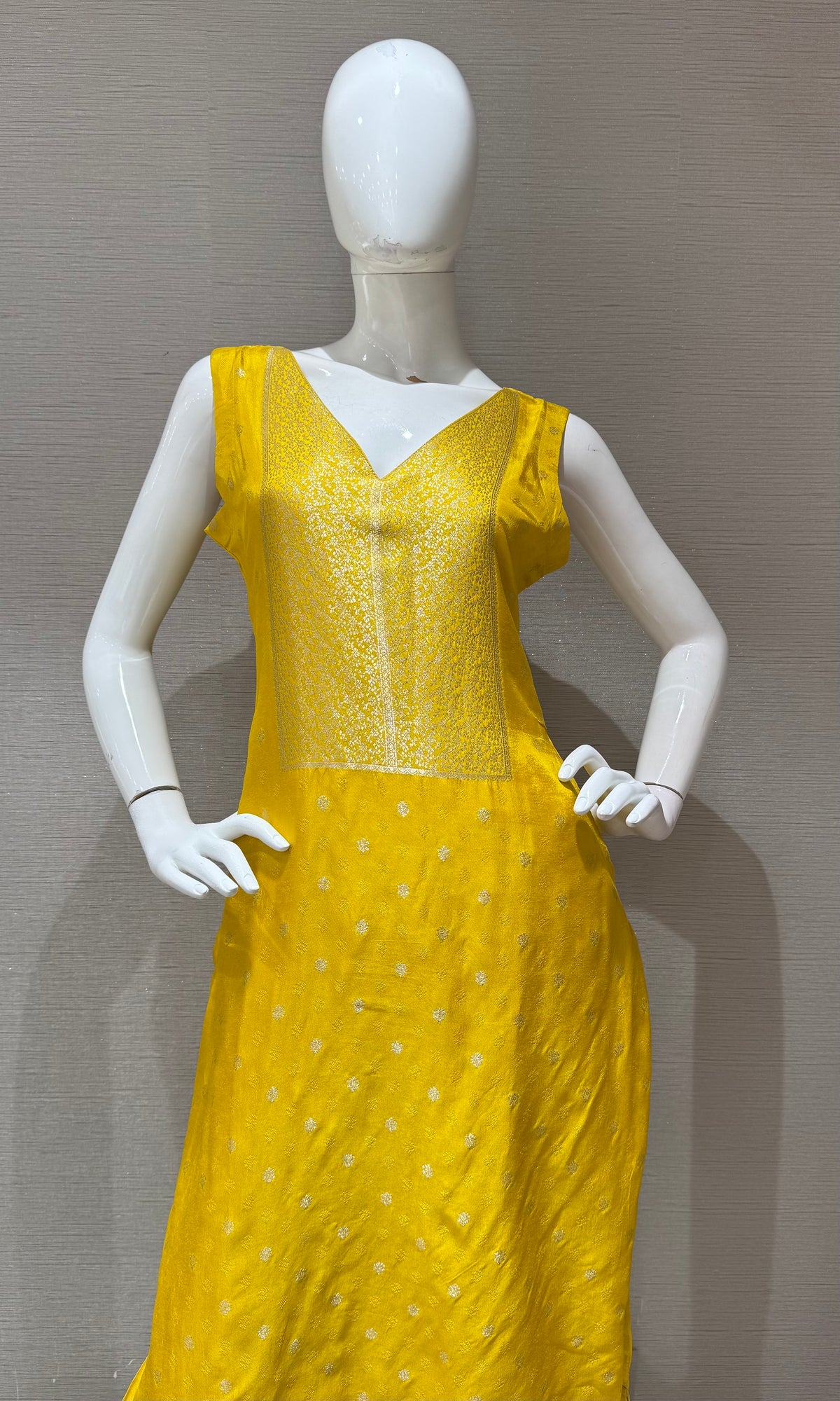 Yellow Banarasi silk Kurta set with Golden Border dupatta