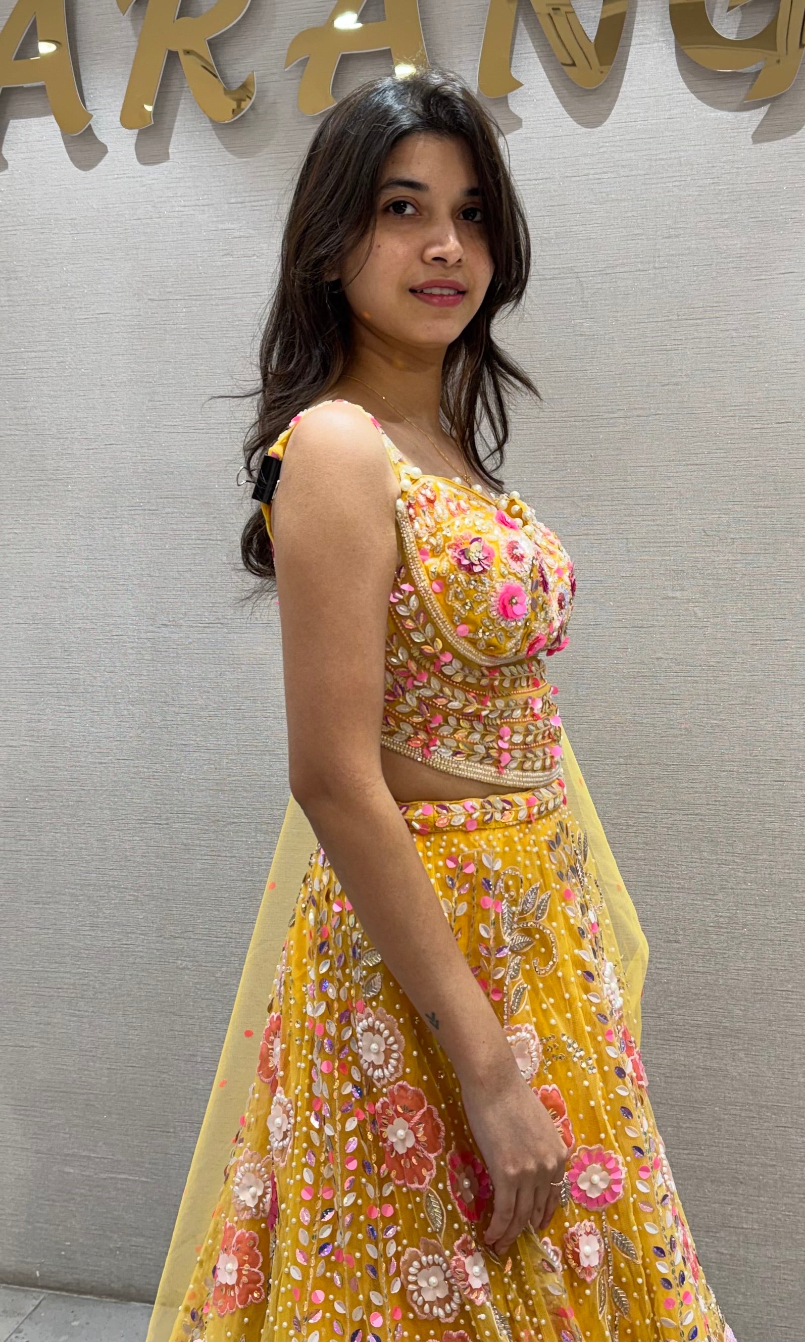 Lemon Yellow Organza Printed Lehenga set