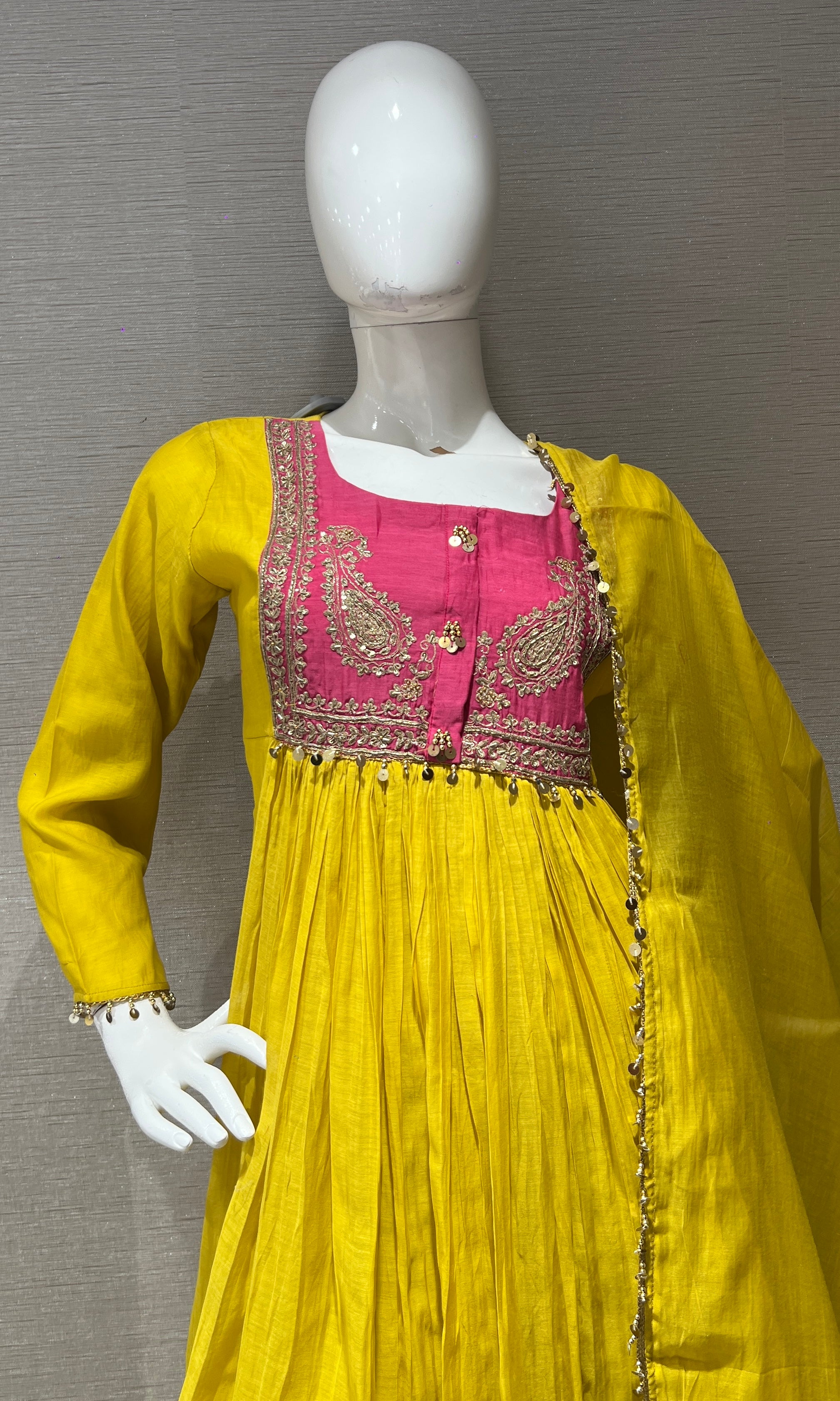 Yellow Flared Anarkali with Contrast Dupatta