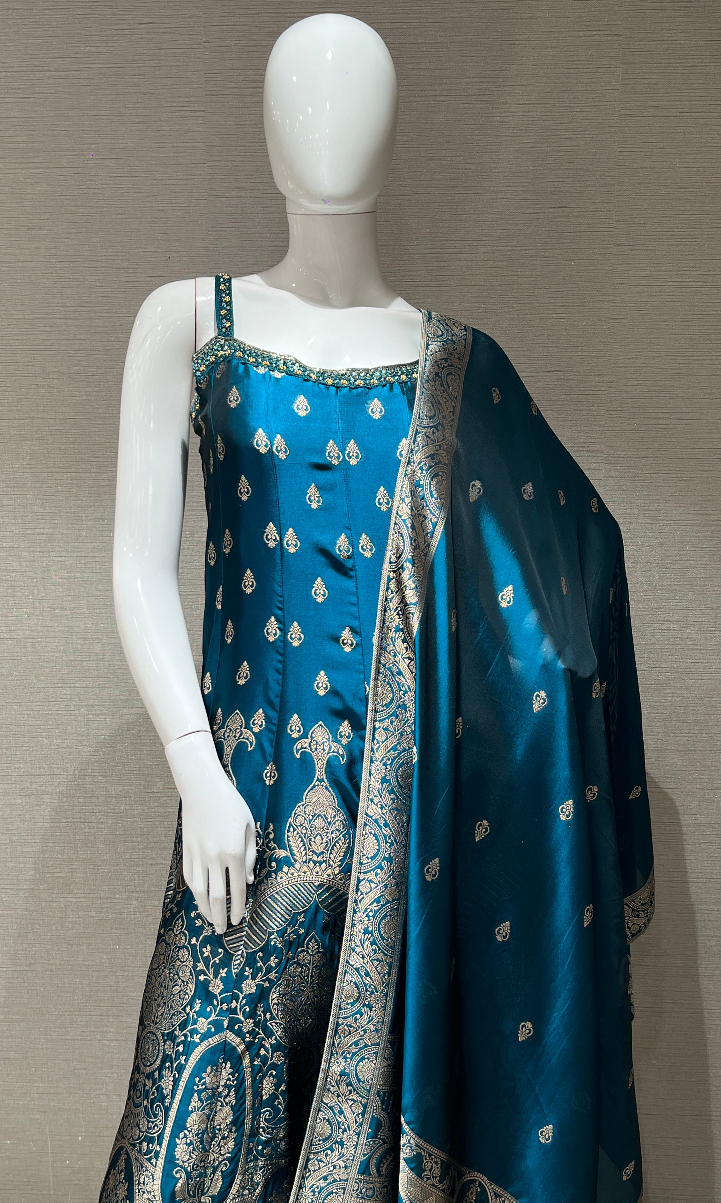 Rama Blue Anarkali with Gold Print embroidery