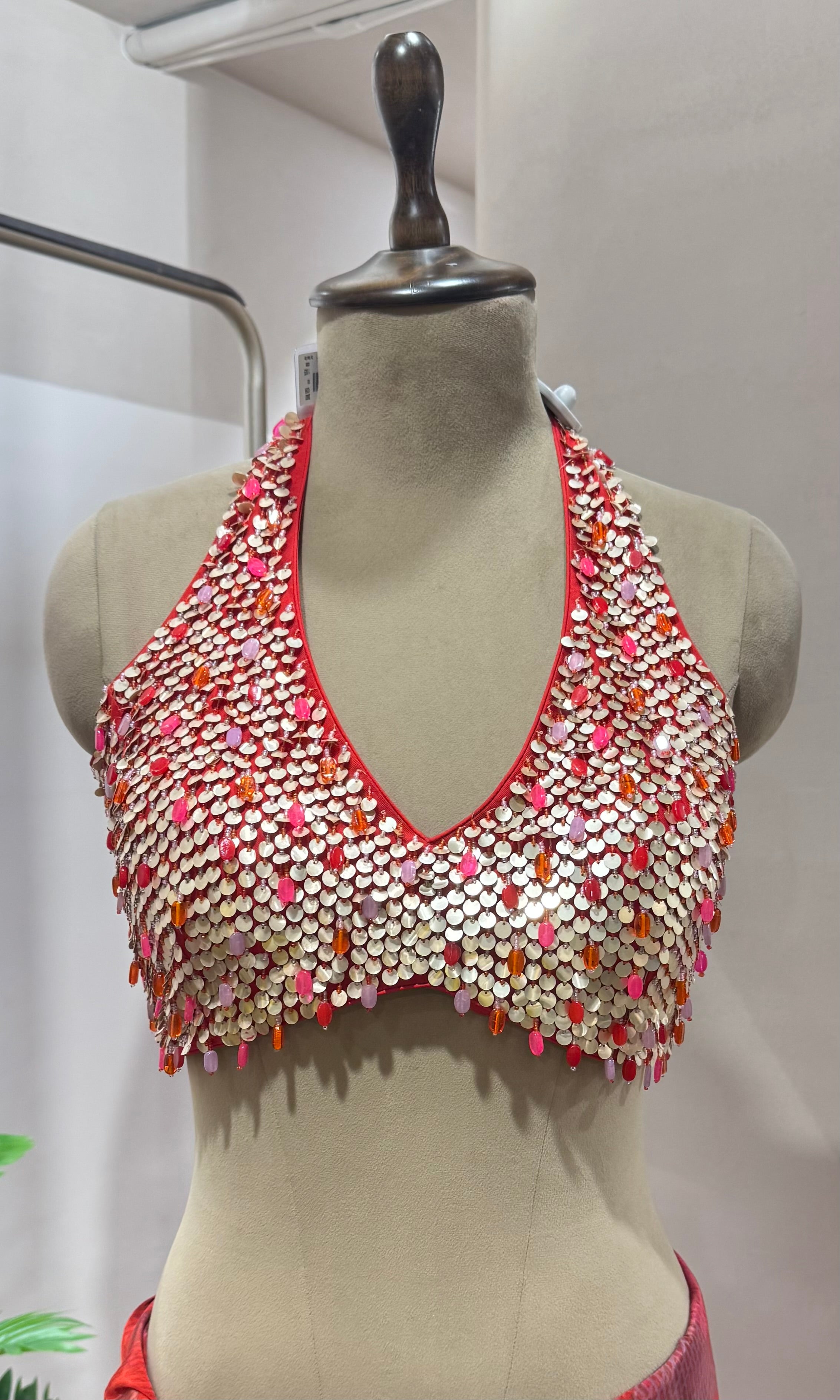 DESIGNER RED SAREE WITH HALTER NECK BLOUSE