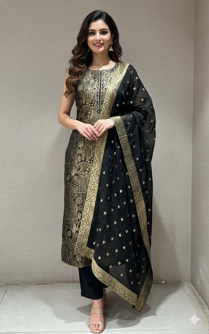 BLACK ETHNIC KURTA SET WITH WOVEN DUPATTA