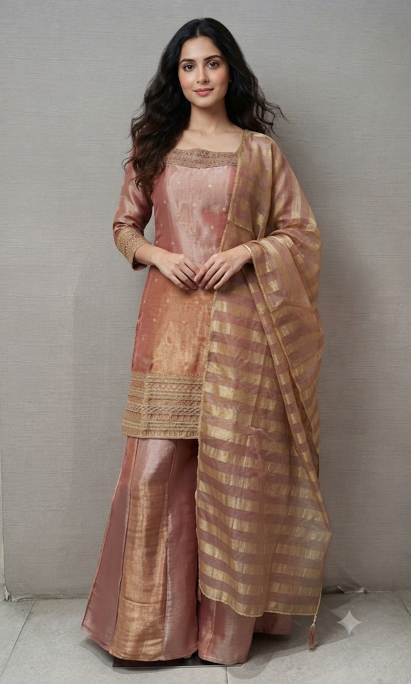 Onion Pink and Gold Zari Sharara set with Sheer Dupatta