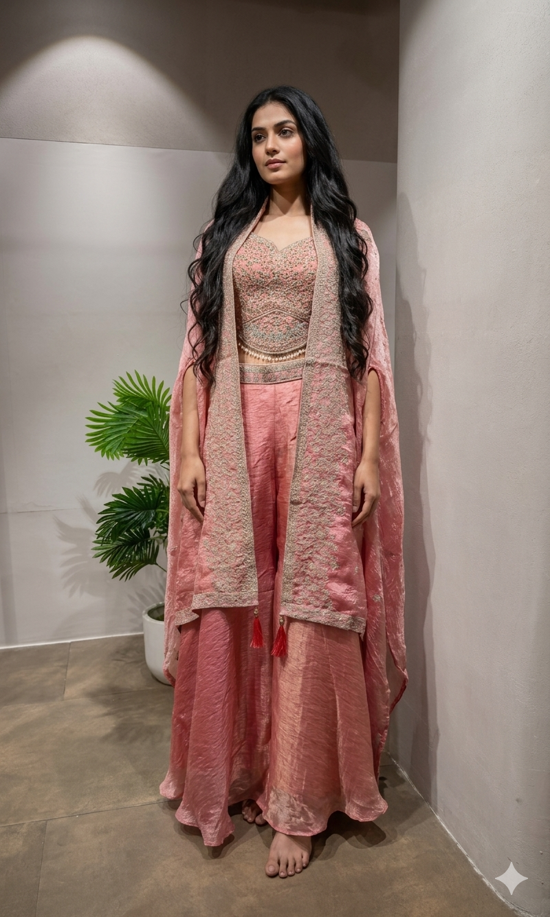 Rose Pink Jacquard Jacket Palazzo Set