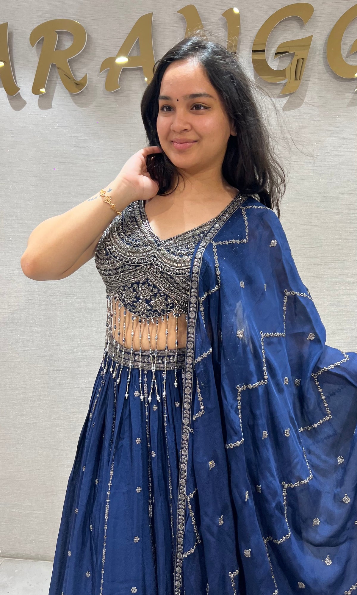 Navy Blue Velvet & Silk Embroidered Ensemble Lehenga