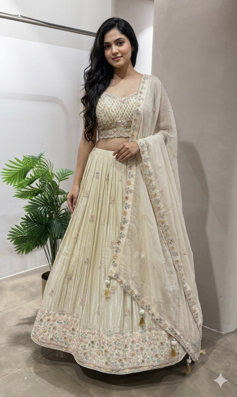 Cream FLORAL INTRICATE EMBROIDERY LEHENGA