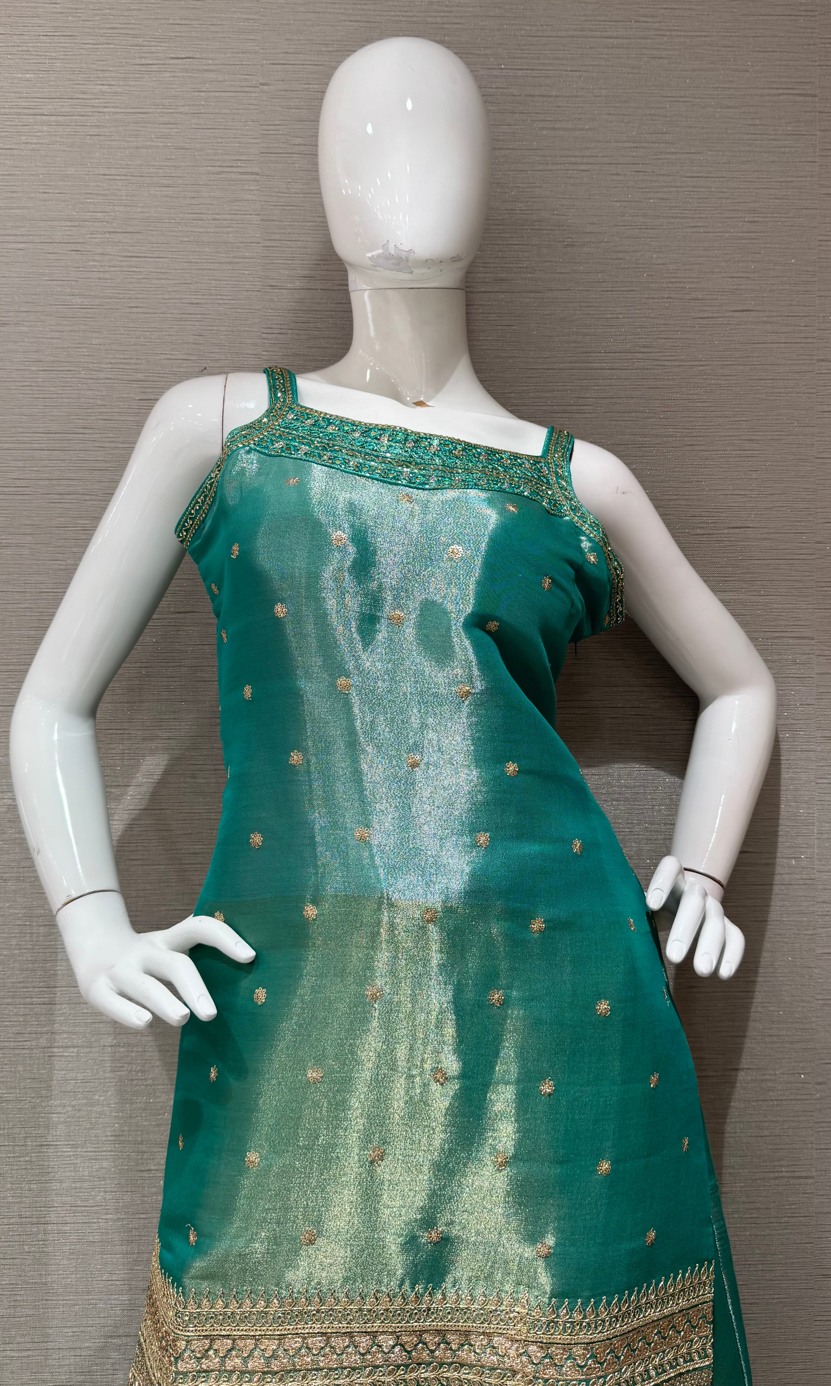 Green and Gold Zari Sharara set with Sheer Dupatta