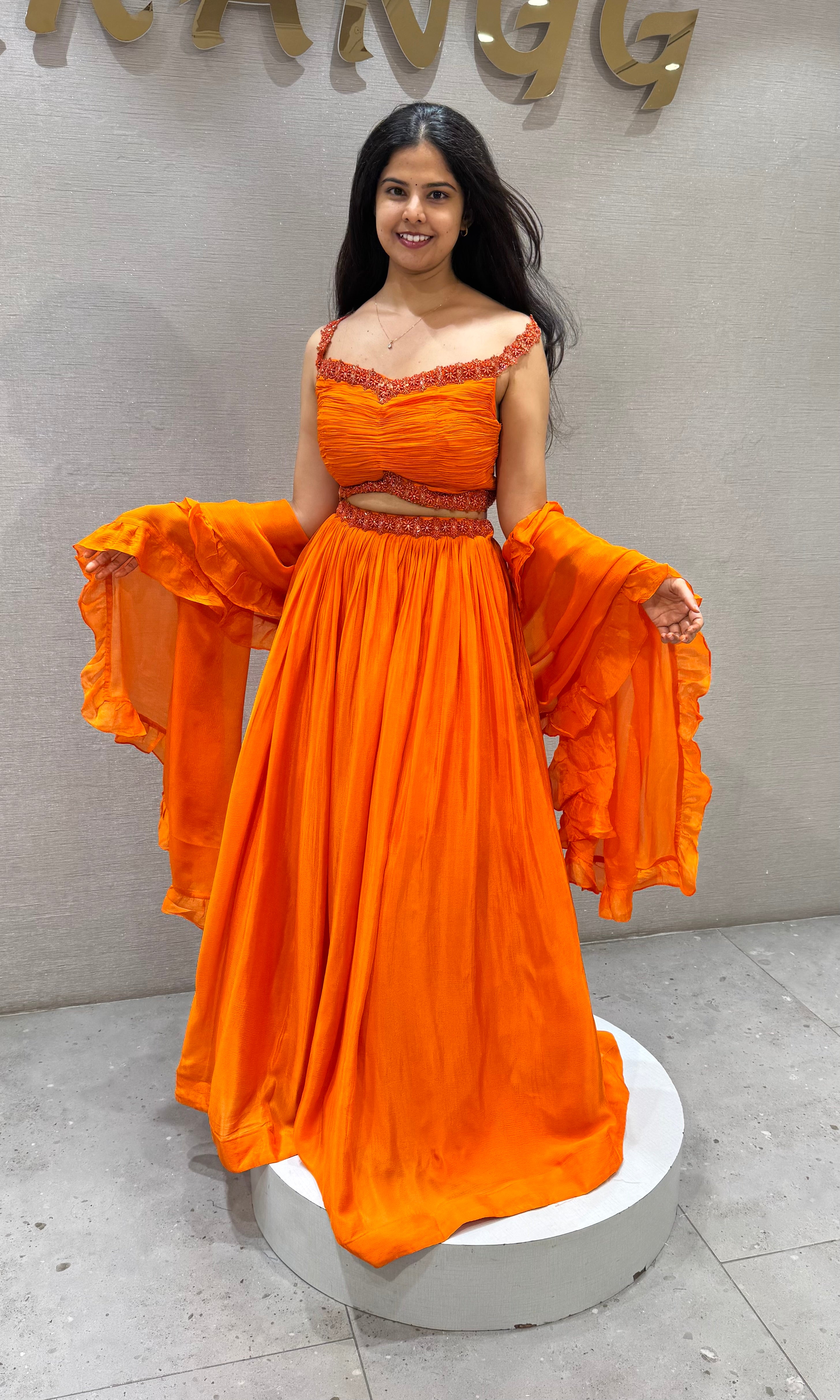 Orange cotton Embellished Crop Top Lehenga