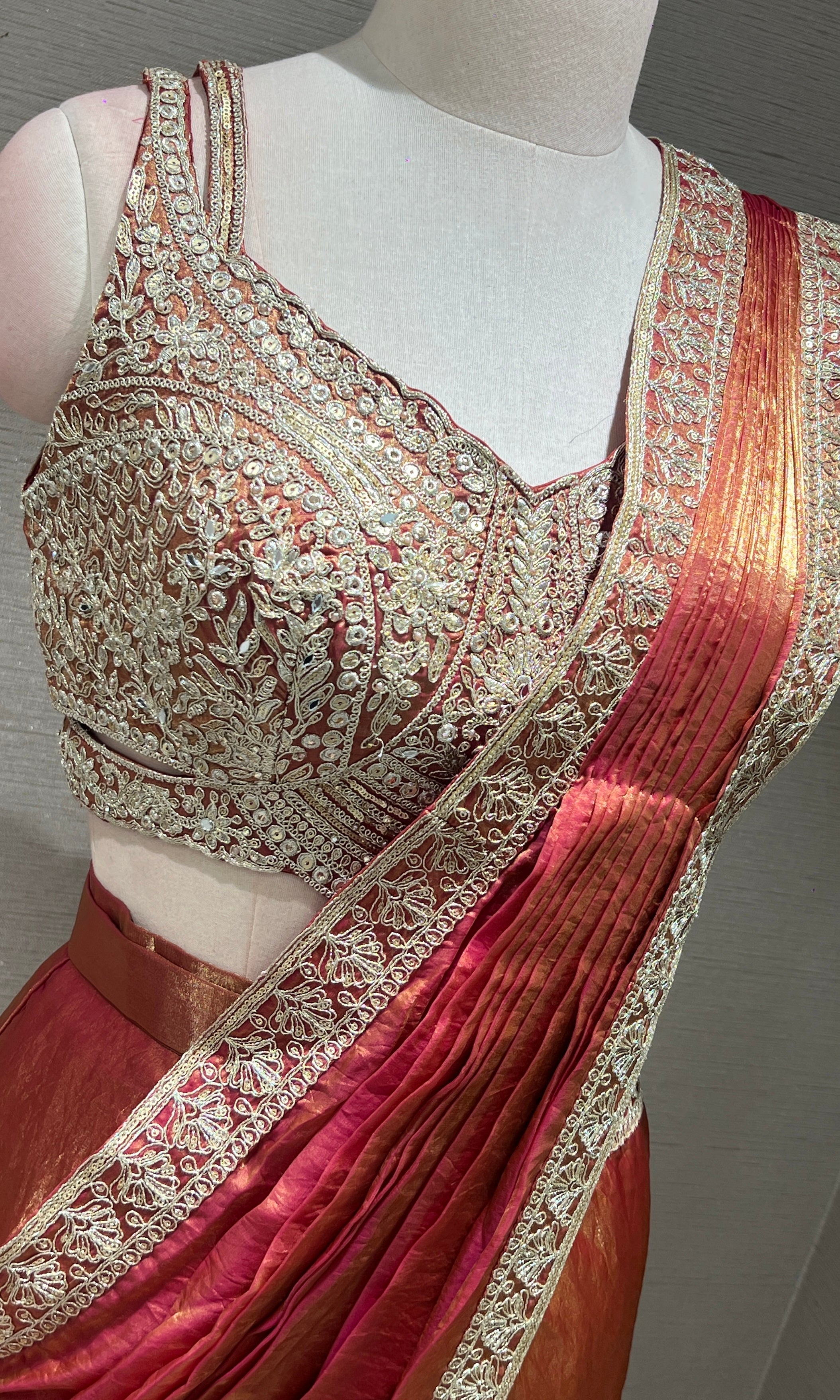 Rust Gold Drape SAREE WITH CORSET BLOUSE