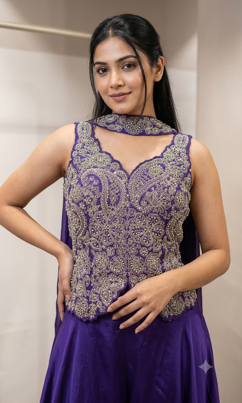 Purple Embroidered corset style palazzo set