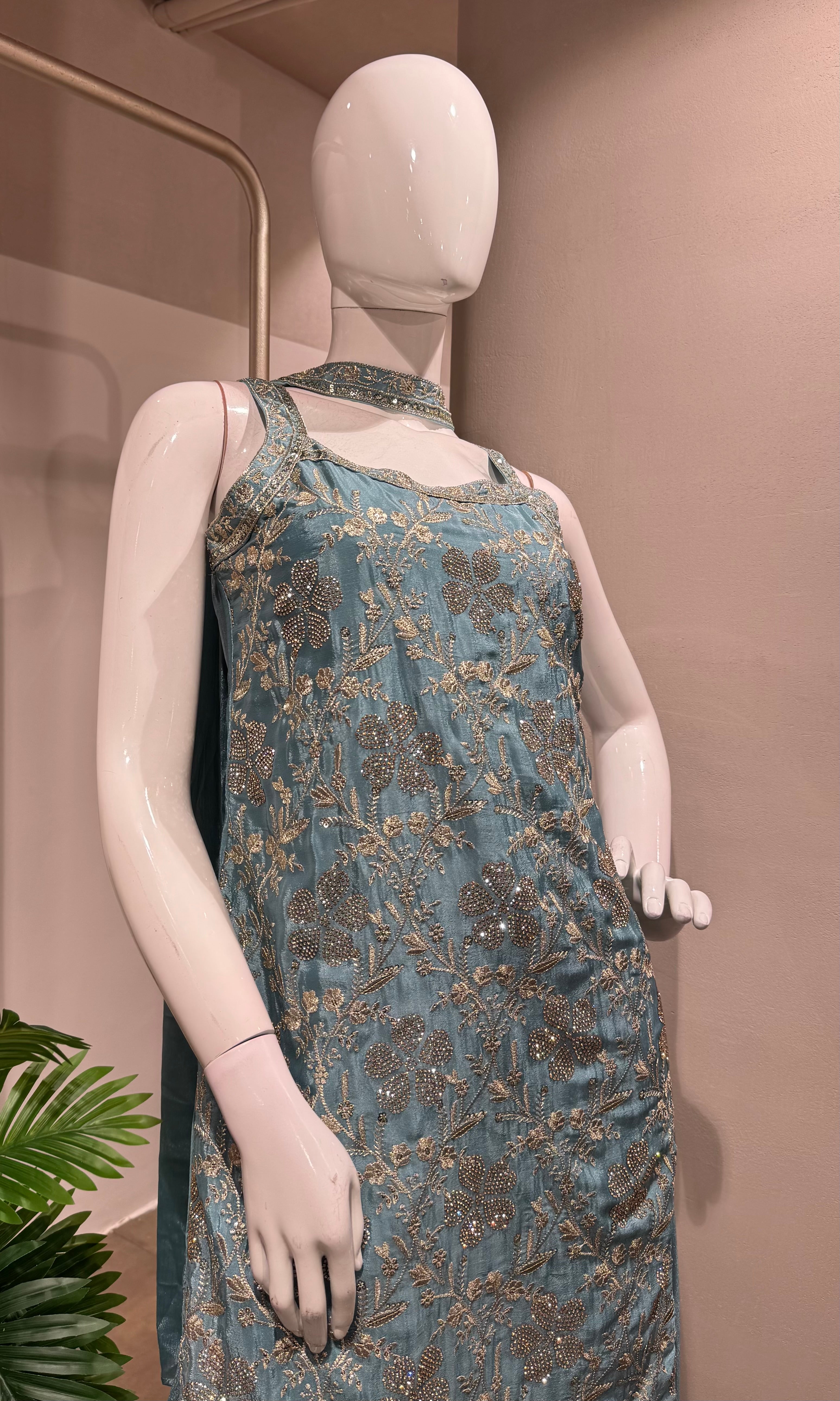 blue floral embroidered tissue sharara set