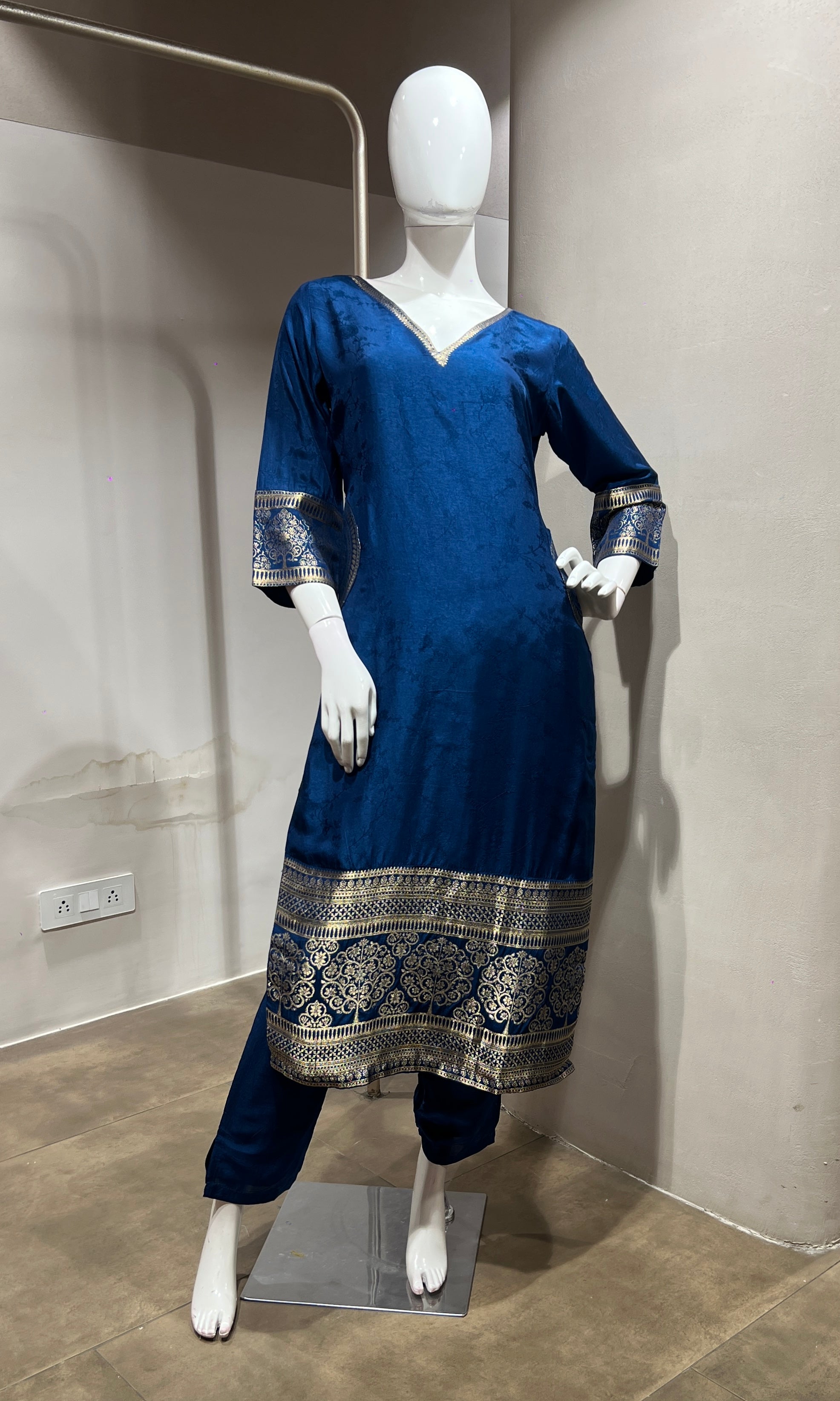 Peacock Blue Silk Straight Kurta Set with Gold Border