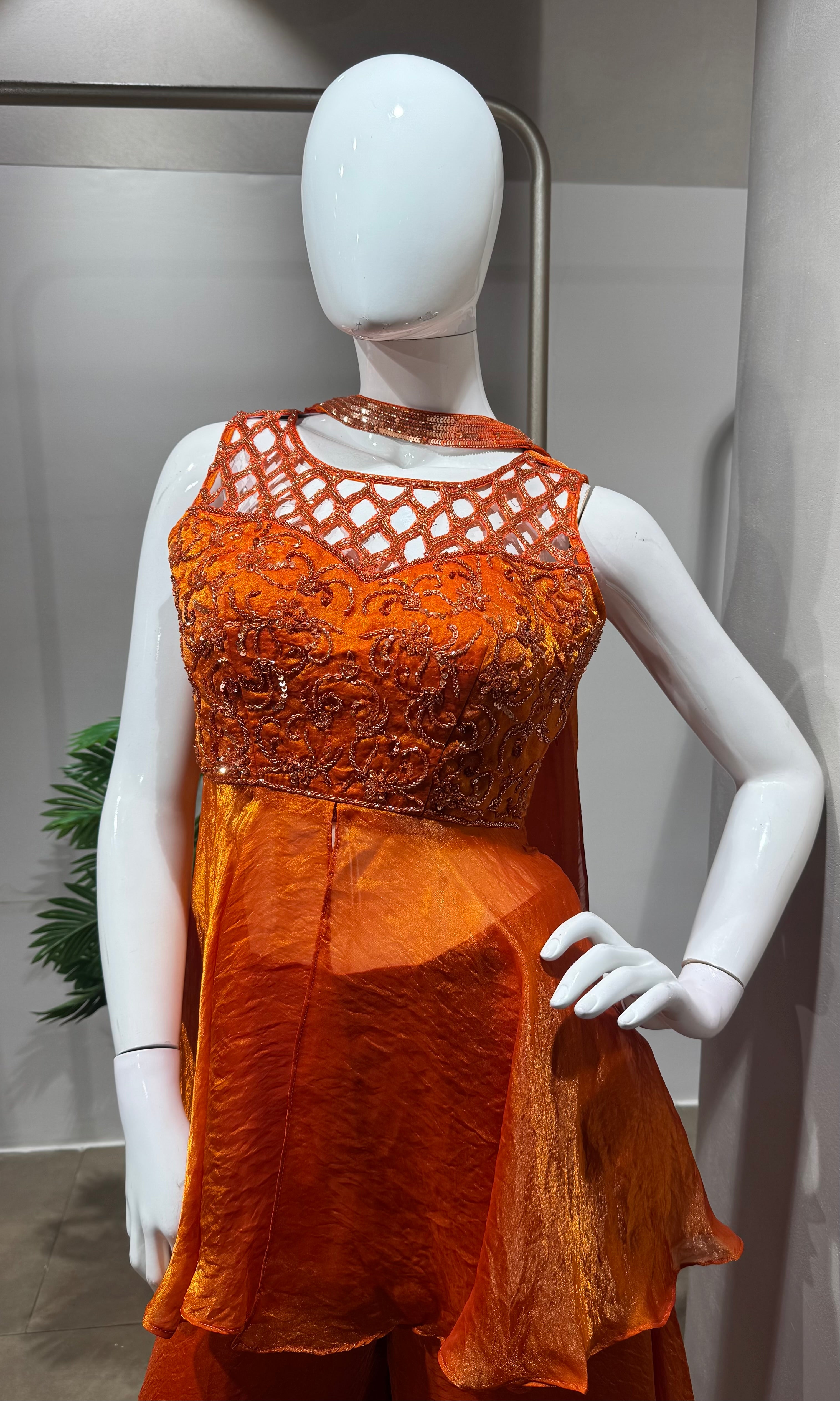 Orange Embellished Peplum Palazzo Set