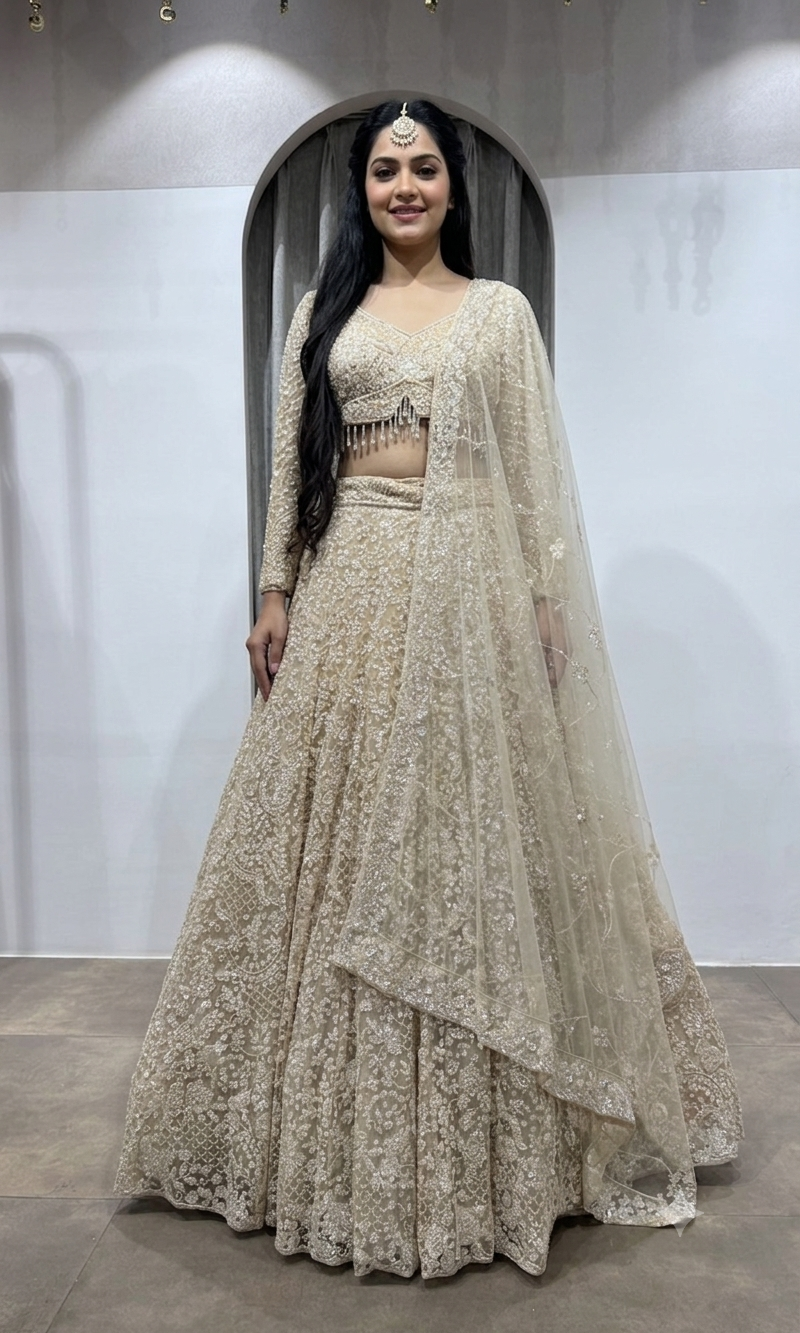 Ivory Net Sequin Embroidered Lehenga Set