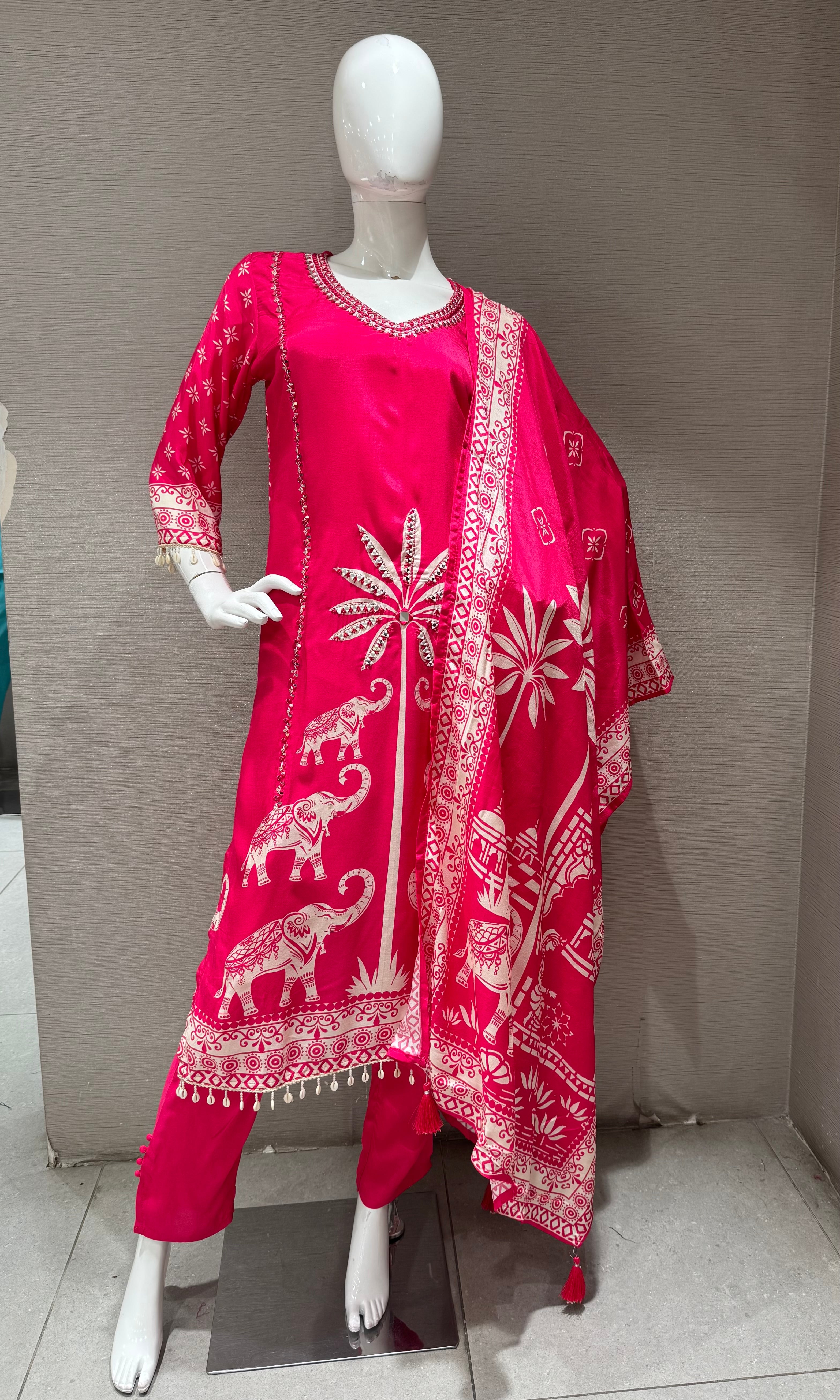 Rani Silk Elephant Motif Kurta Set