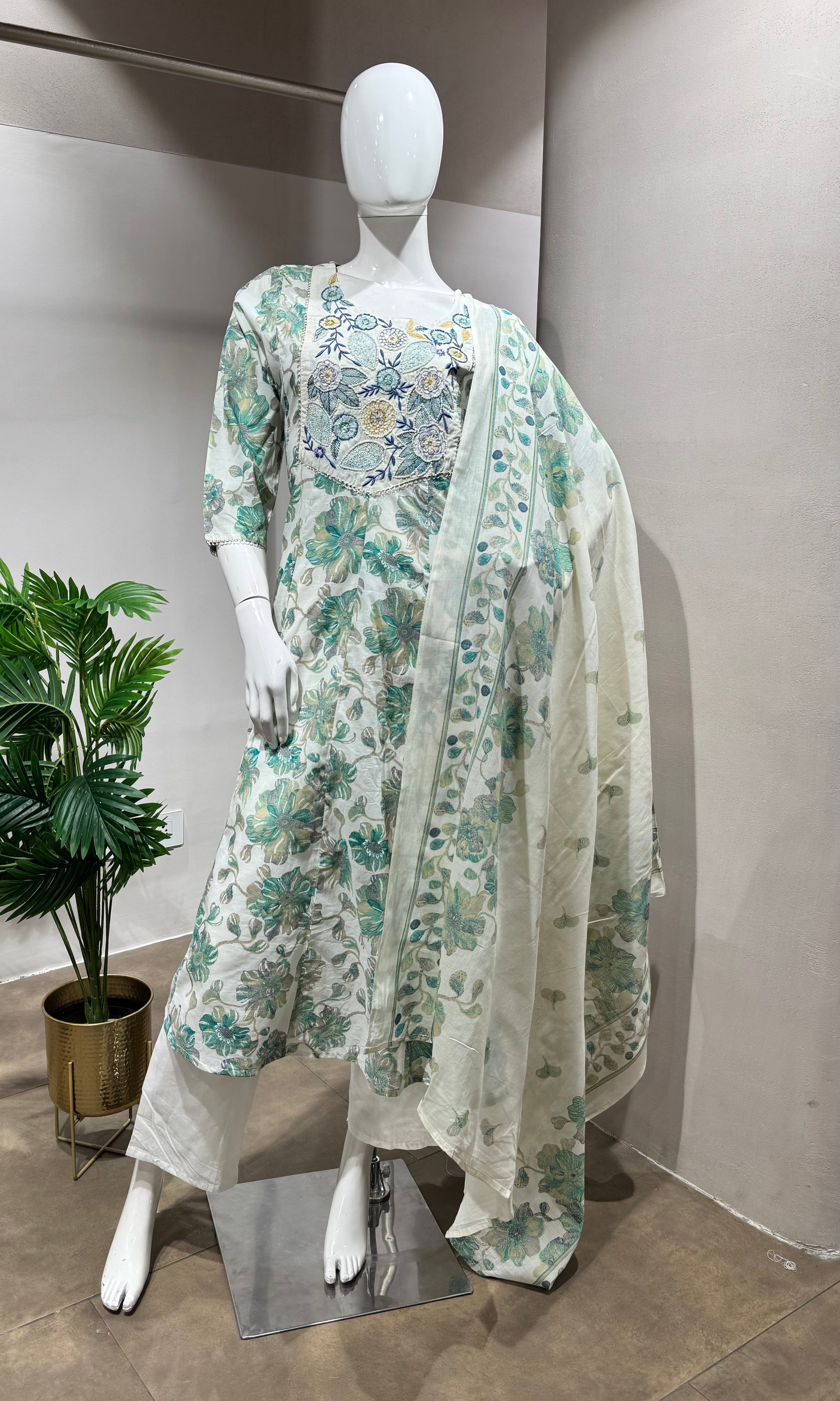SEA BLUE FLORAL PRINTED EMBROIDERED KURTA SET