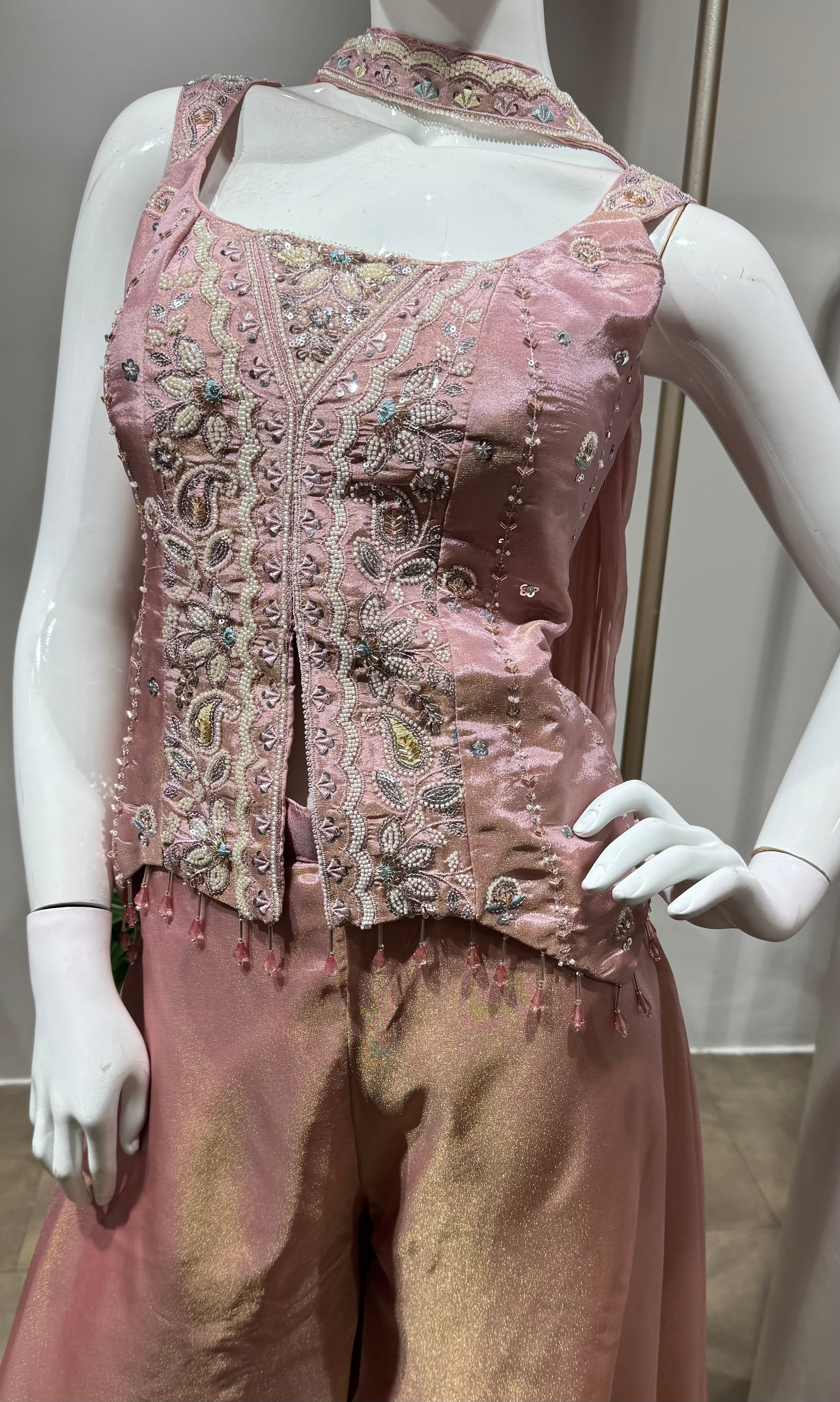 pink shimmer tissue short blouse palazzo set