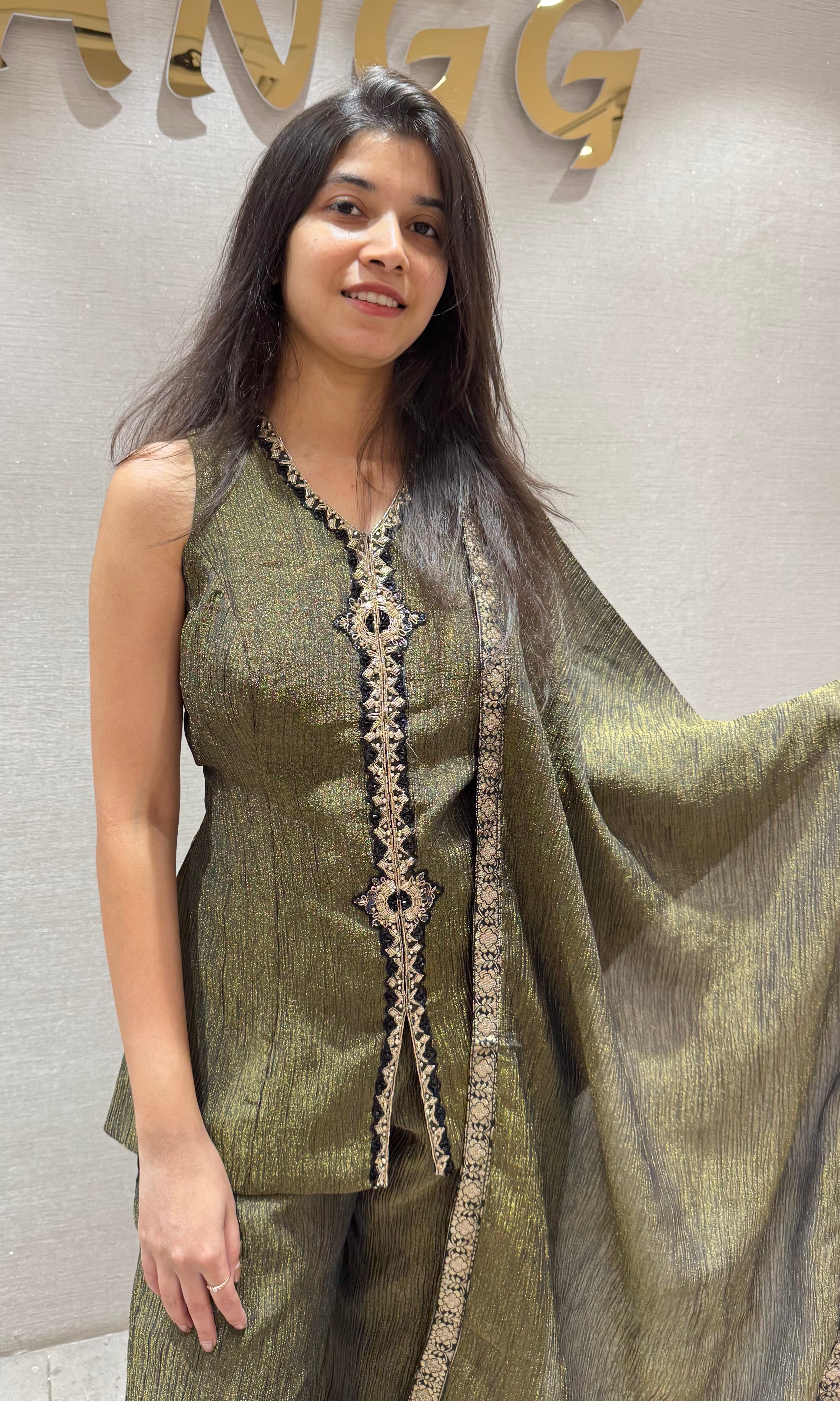 green Printed Floral V Neck SHARARA SET