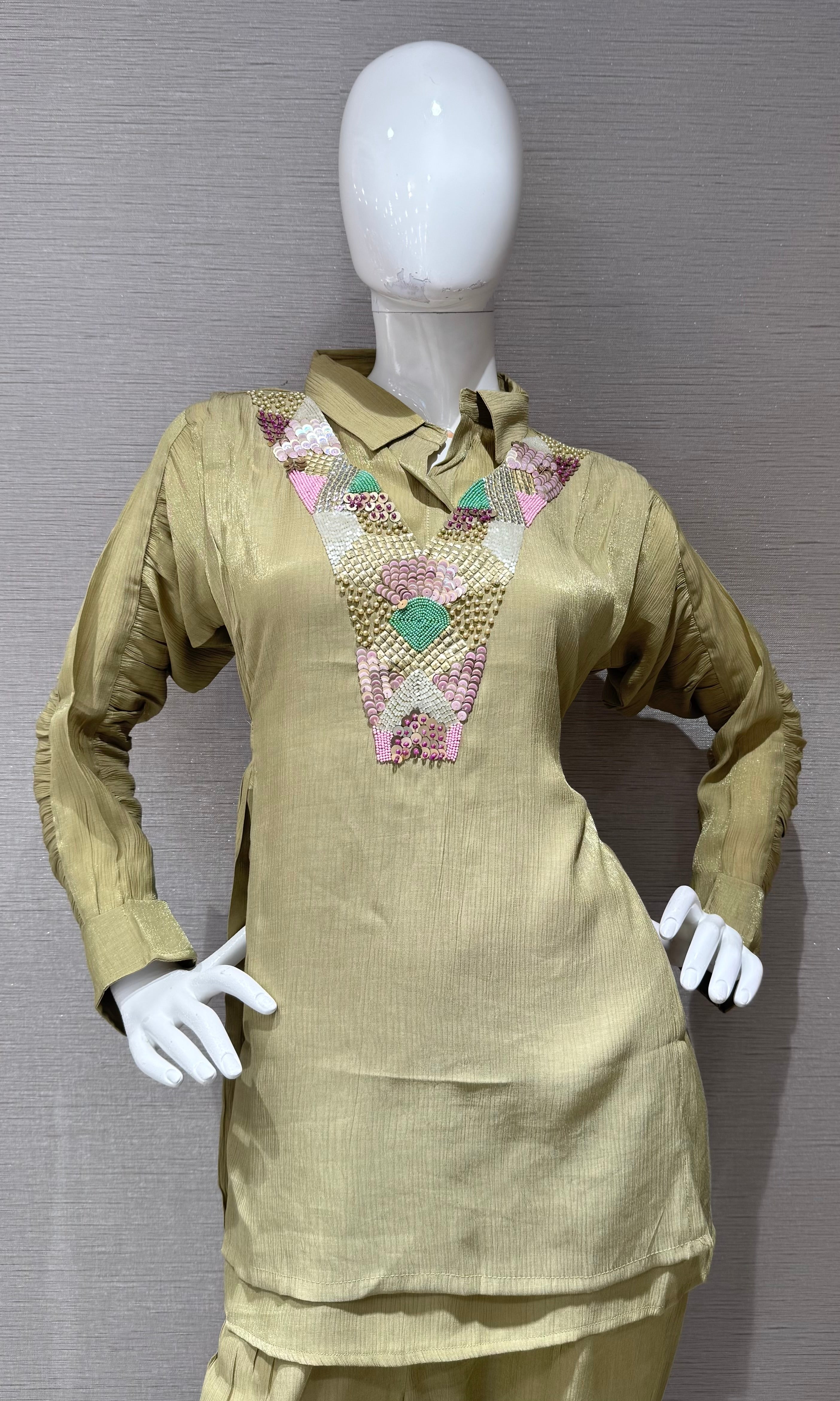 Olive Green Collared Tunic Cord set