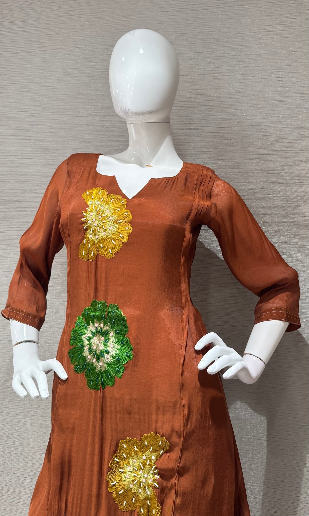 Brown cotton silk Floral Motif Kurta set with dupatta