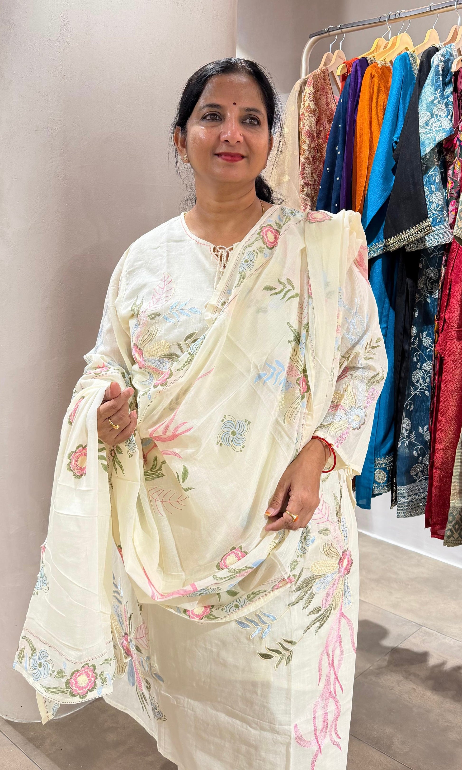 Cream spring summer floral design kurta set