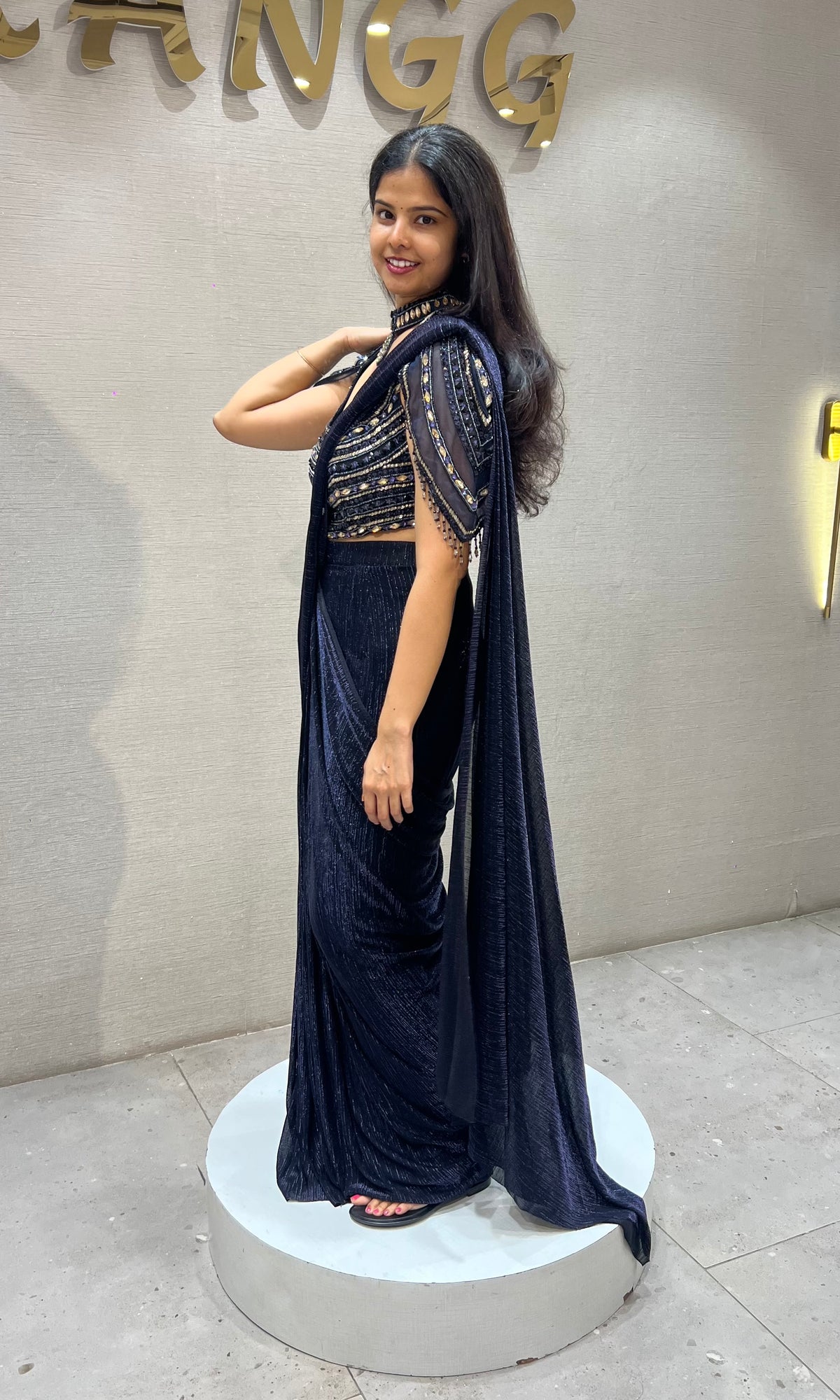 Blue Shimmer Drape Saree with Embroidered Blouse