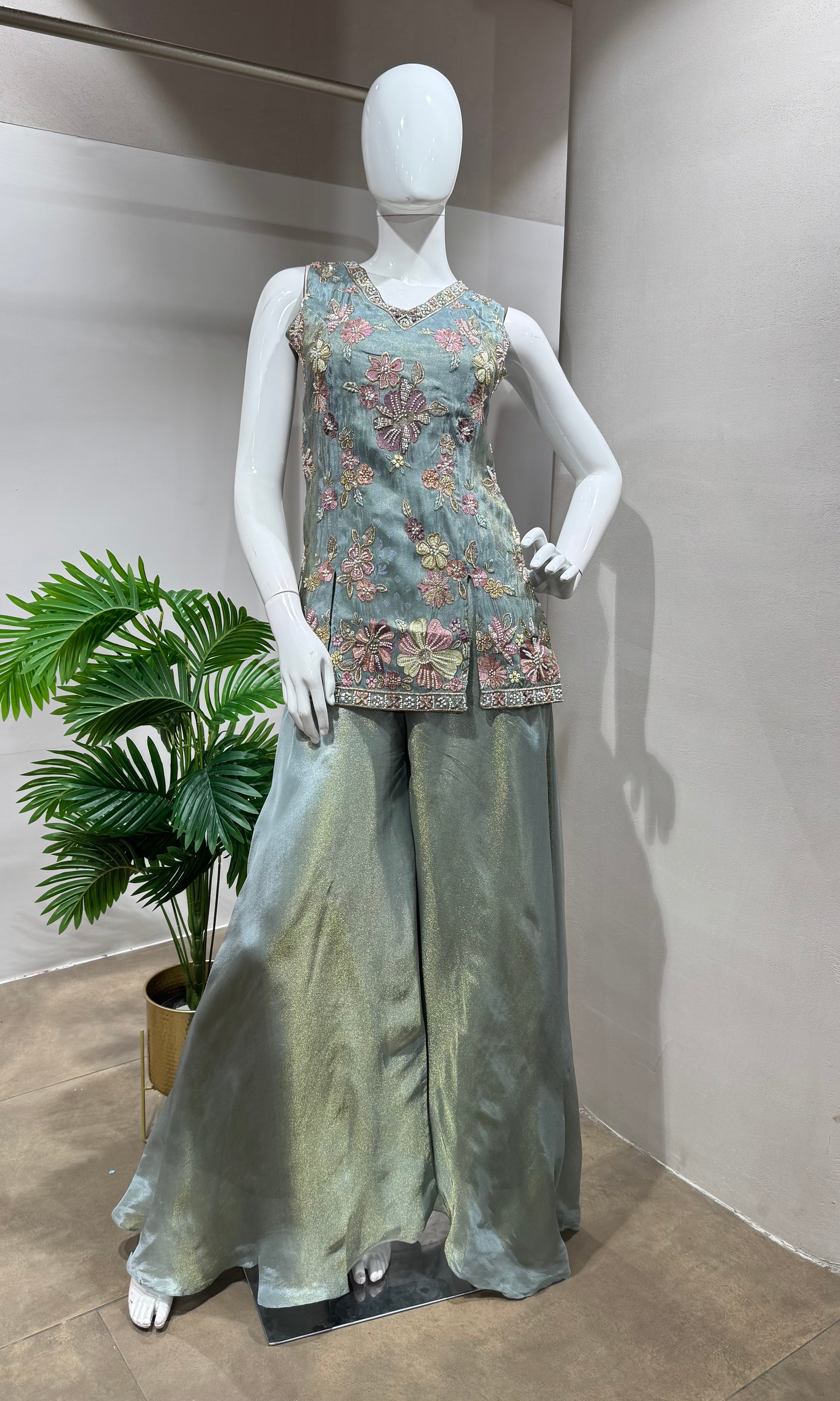 green Tissue Sharara Set with Floral Embroidery