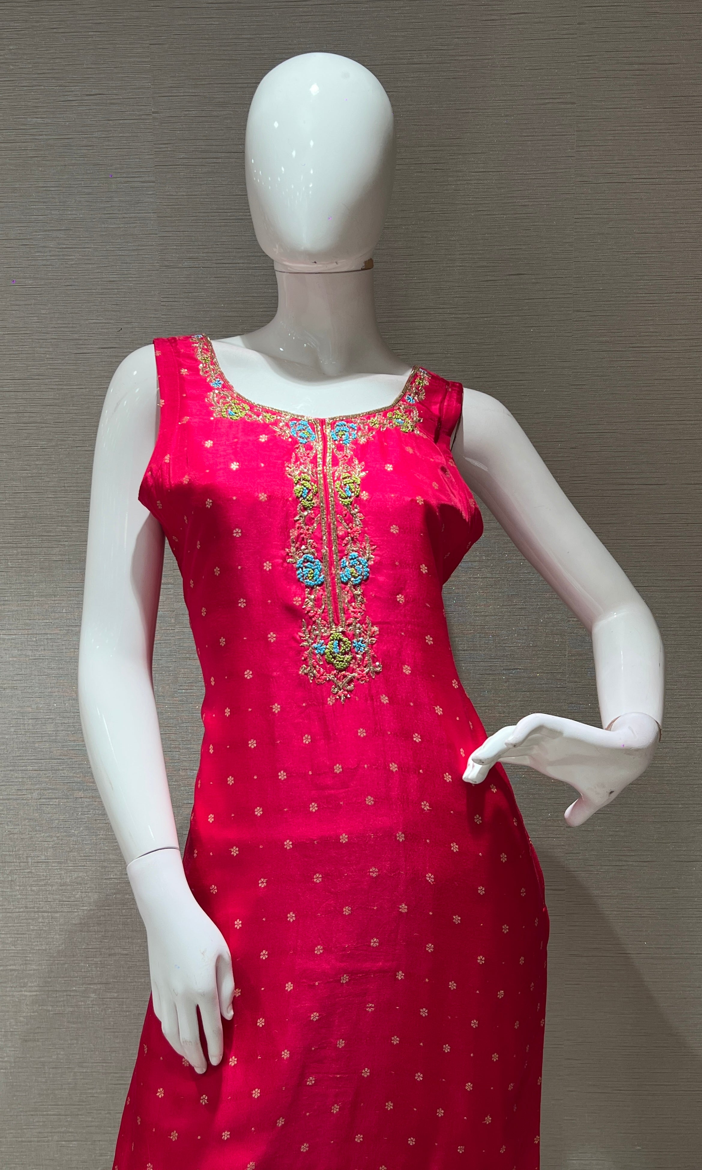 pink embroidered kurta set with Banarasi dupatta