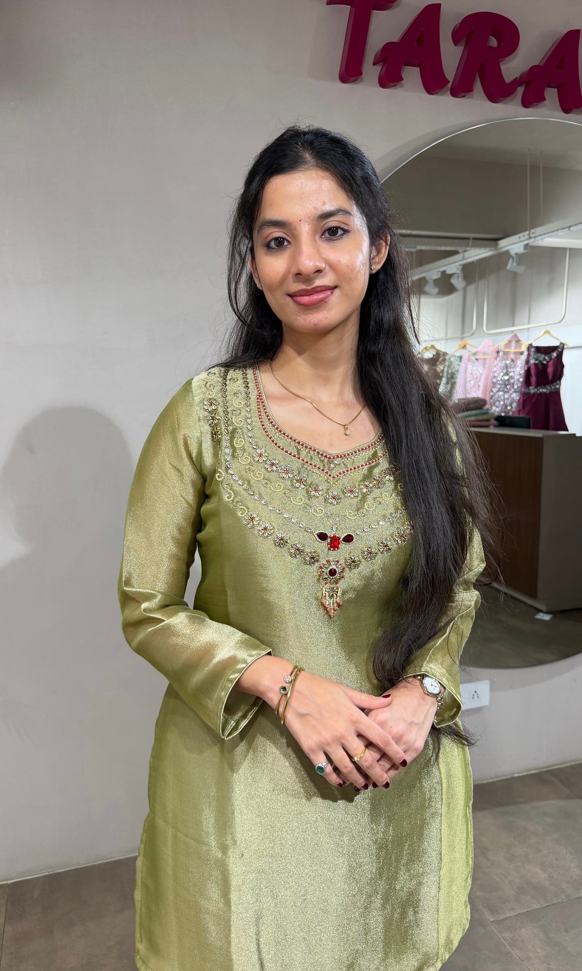 Olive Green Tissue Cord Set with Zardosi Embroidery