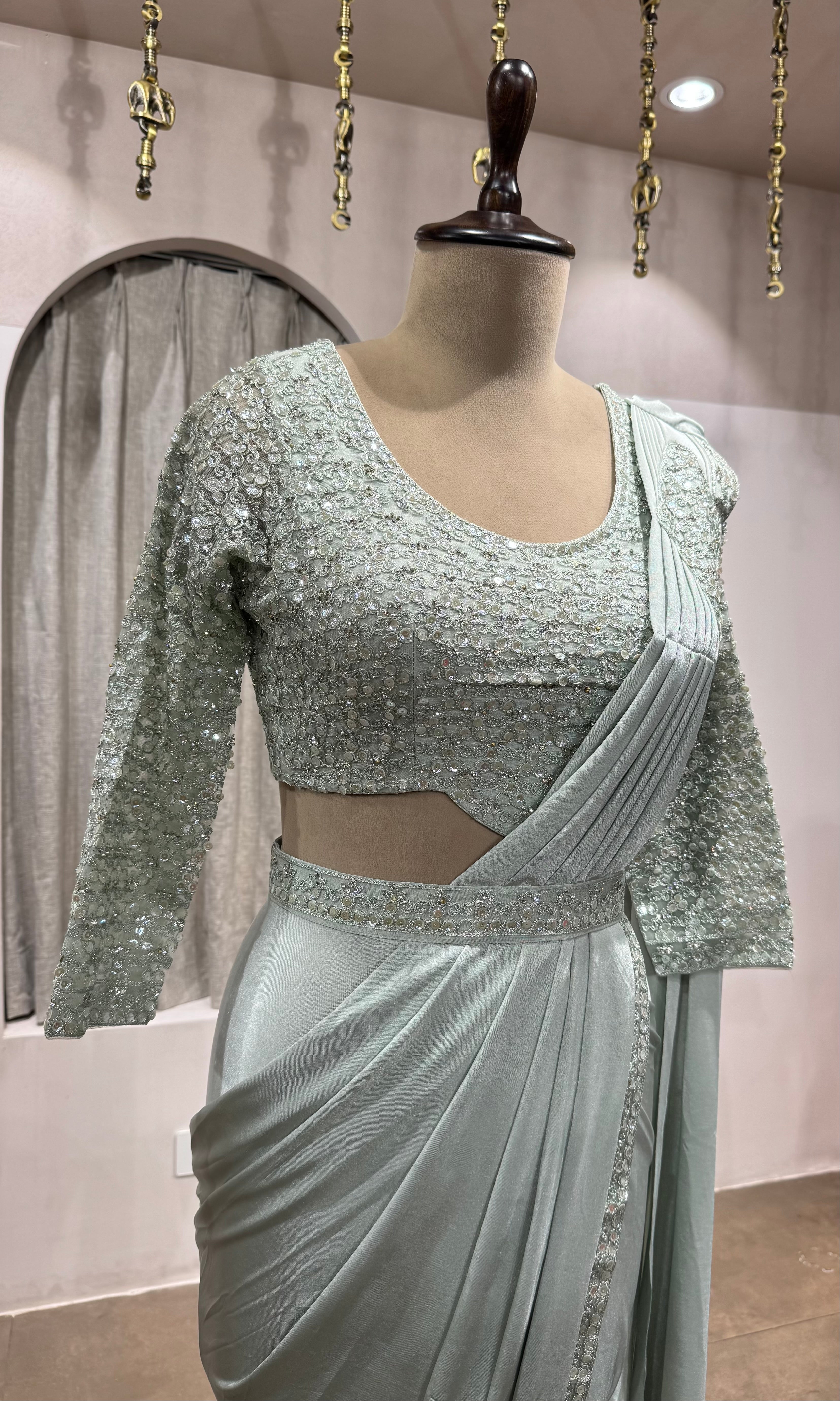 Pista Green DRAPE SAREE WITH ETHNIC BLOUSE & BELT