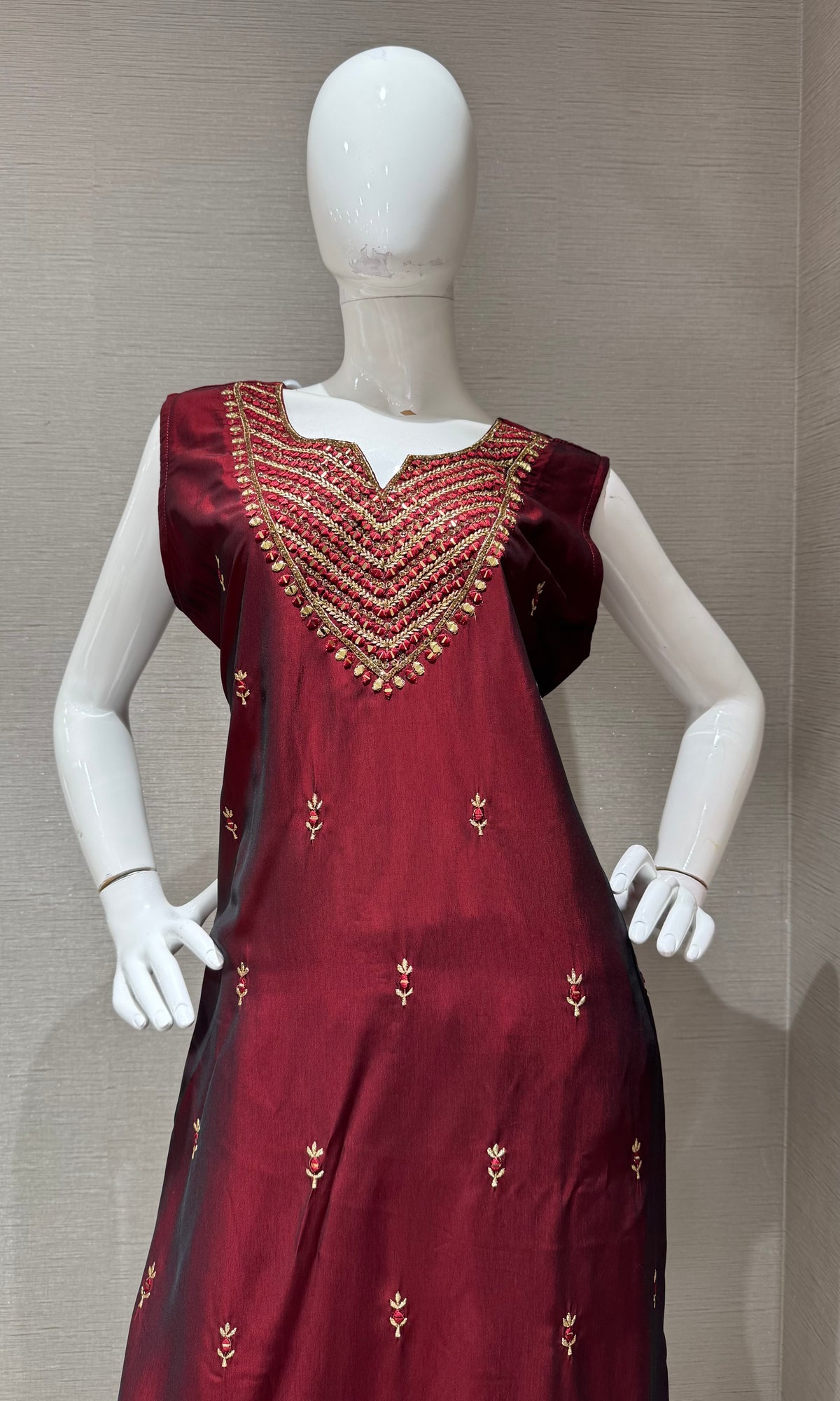 Maroon Golden Silk Embroidered Kurta Set