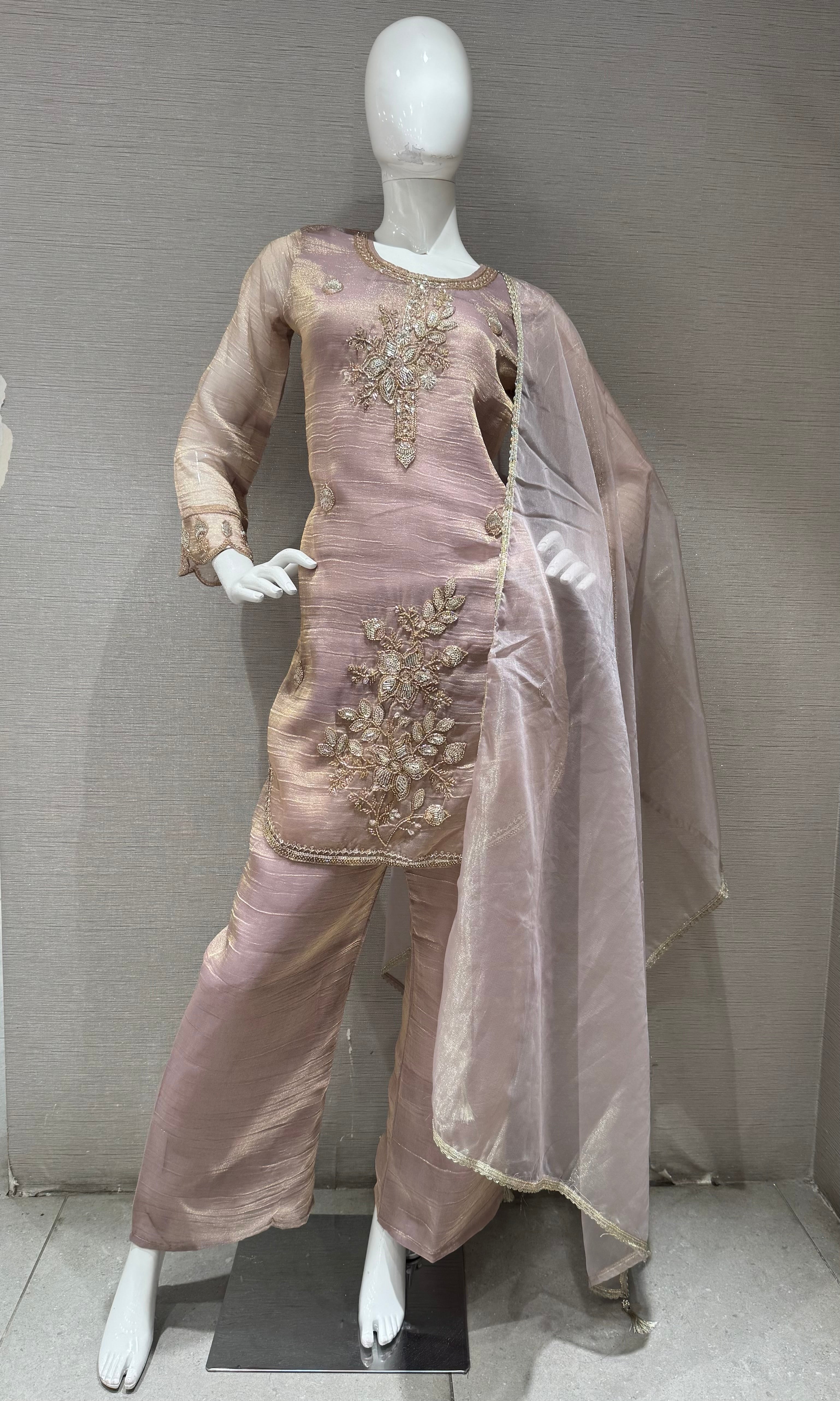 Moee tissue kurta set with short top & wide pants