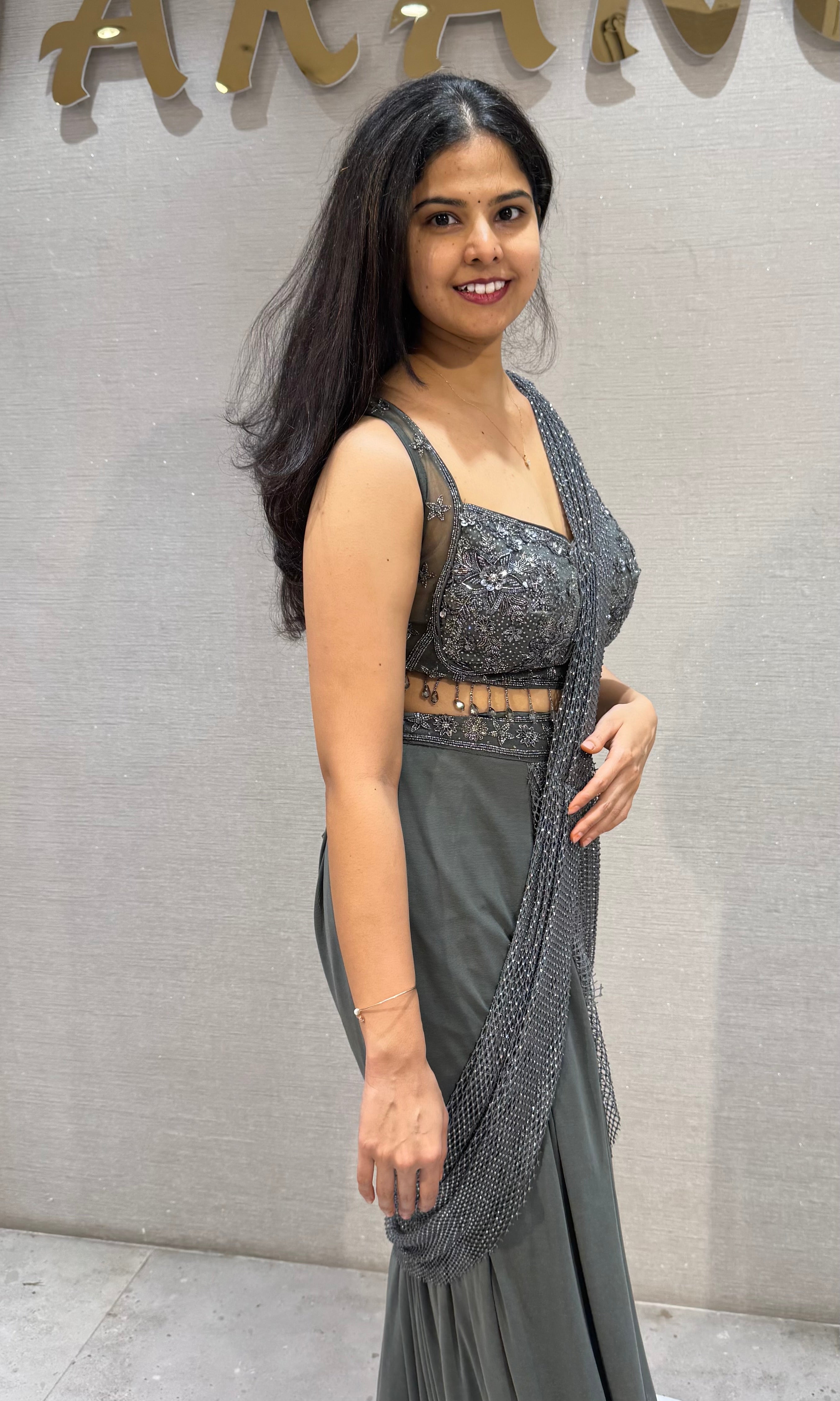 Metallic Grey Silk Sequined Fusion Sheer Drape Saree