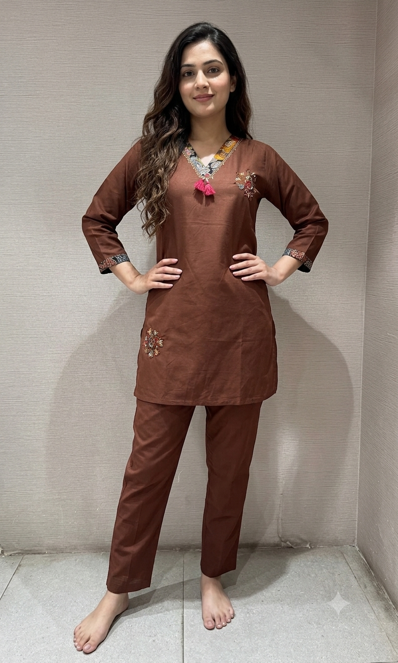 Brown Floral Cord Set