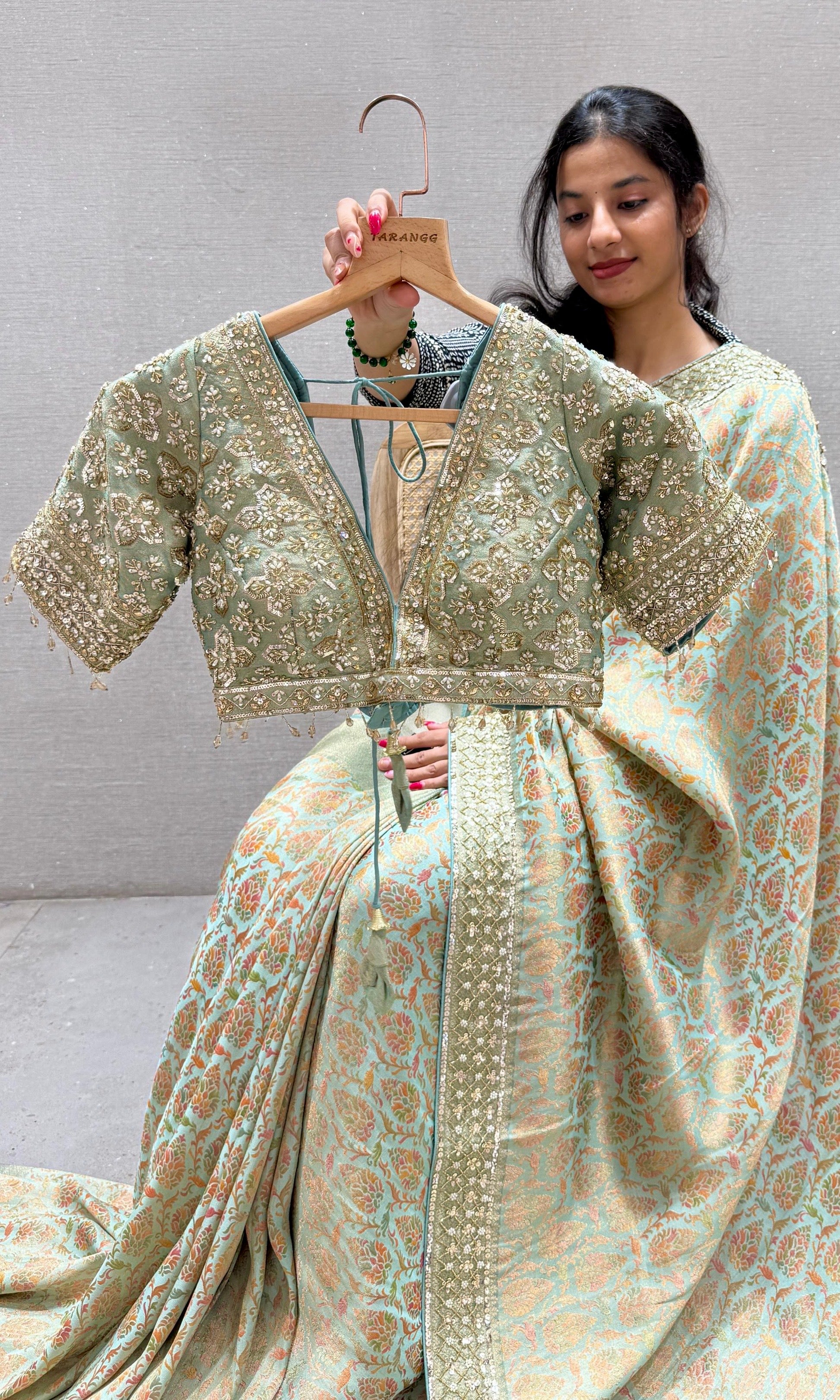 Pastel Sage Green Banarasi saree with ready blouse