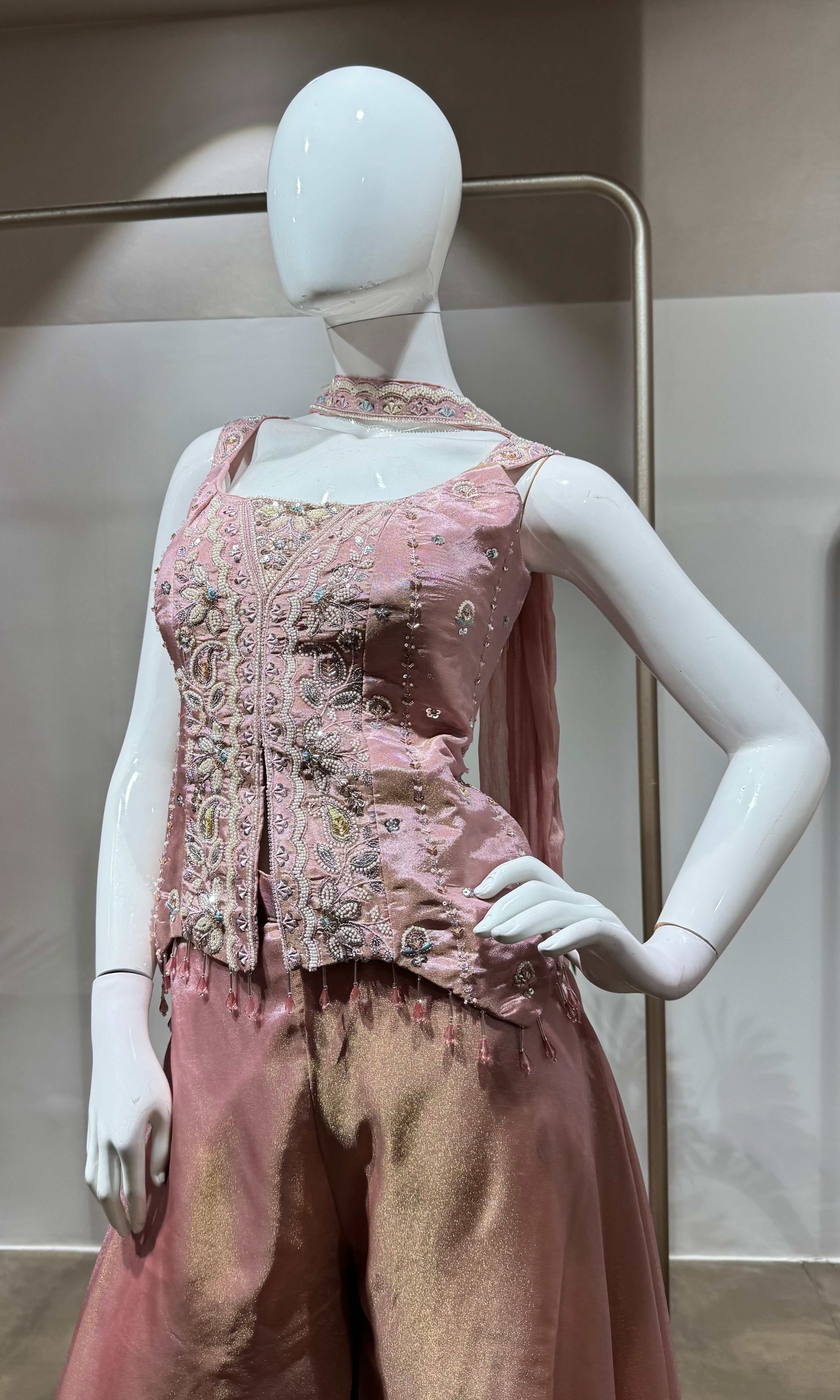 pink shimmer tissue short blouse palazzo set
