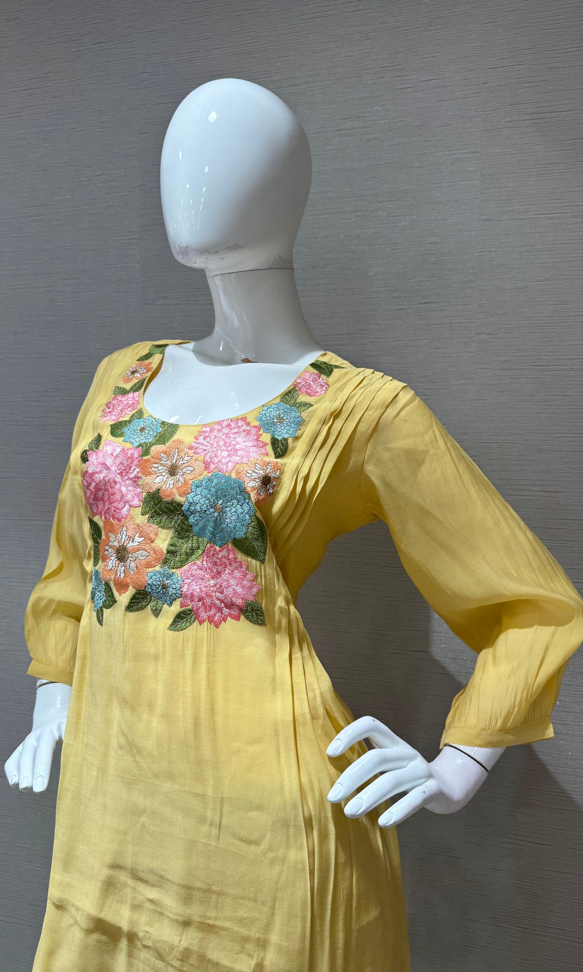 Yellow Floral Embroidered Mul Chanderi A Line Set with dupatta